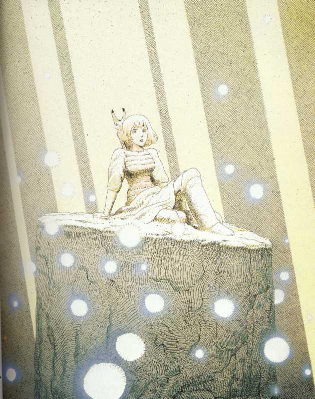 moebius, kitsunerisu, nausicaa, teto (nausicaa), kaze no tani no nausicaa, studio ghibli, 1980s (style), 1girl, breasts, brown hair, female focus, glowing, knees up, light rays, oldschool, retro artstyle, rock, short hair, solo, sunlight