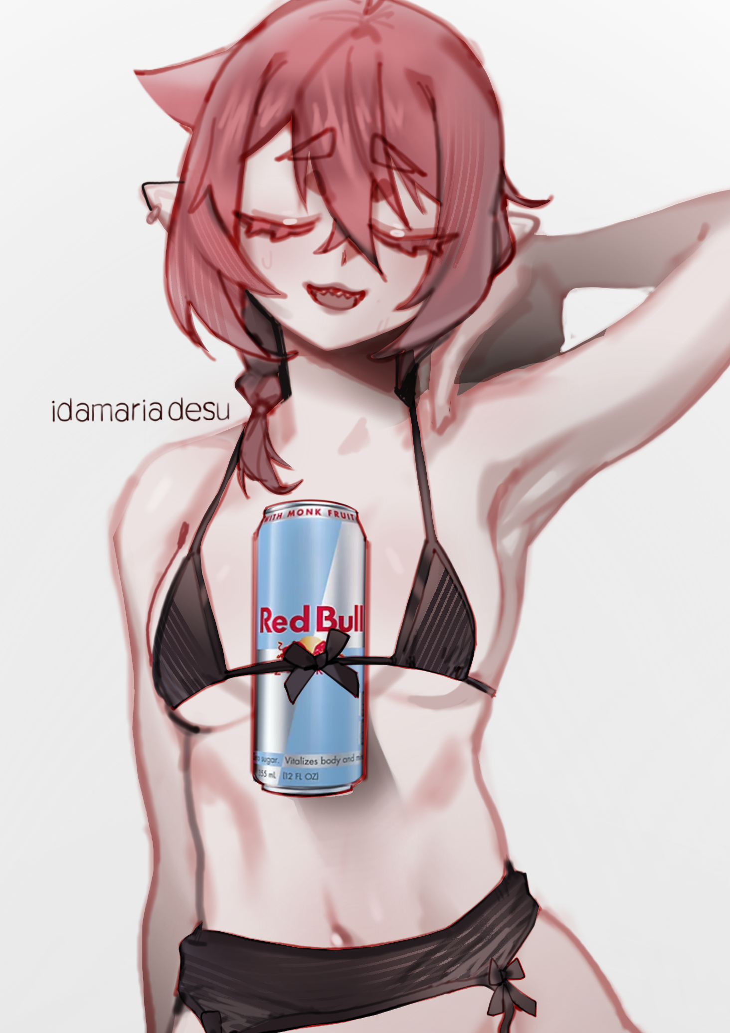 idamaria, original, red bull, highres, 1girl, bikini, black bikini, black garter belt, closed eyes, ear piercing, energy drink, garter belt, hair between eyes, long hair, navel, open mouth, piercing, pointy ears, red hair, solo, swimsuit, white background