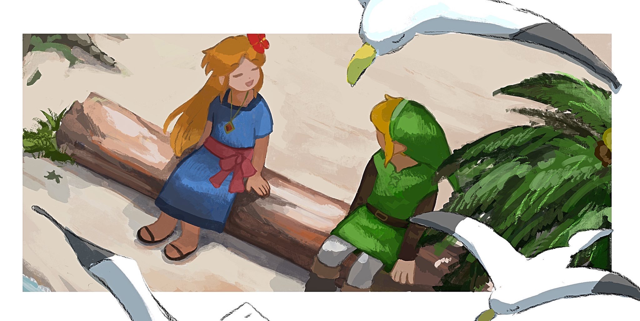 kebe6p, link, marin (zelda), nintendo, the legend of zelda, the legend of zelda: link's awakening, commentary, highres, 1boy, 1girl, beach, belt, belt buckle, bird, blonde hair, blue dress, boots, border, brown belt, brown boots, buckle, closed eyes, dress, flower, flying, from above, green hat, green tunic, hair flower, hair ornament, hat, hibiscus, jewelry, log, long hair, long sleeves, looking at another, necklace, ocean, open mouth, orange hair, outside border, palm tree, pants, plant, pointy ears, red sash, sandals, sash, seagull, short sleeves, sidelocks, sitting, sitting on log, tree, tunic, water, white border, white pants