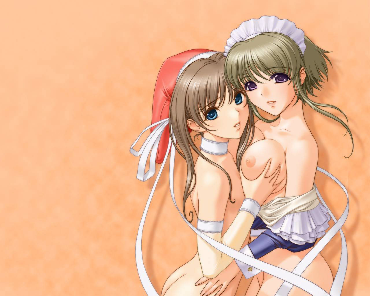sano toshihide, akiyoshi tomae, misaki renka, akibakei kanojo, 2girls, ass, blue eyes, bottomless, breasts, brown hair, butt crack, choker, clothes pull, cosplay, detached sleeves, flat chest, grabbing another's breast, groping, hairband, hat, large breasts, maid, multiple girls, nipples, nude, purple eyes, ribbon, shirt pull