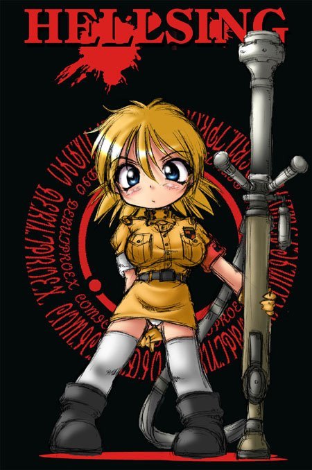 seras victoria, hellsing, uniform, 1girl, anti-materiel rifle, blonde hair, blue eyes, boots, breasts, cannon, chibi, female focus, gloves, gun, harkonnen (gun), large breasts, miniskirt, panties, pantyshot, rifle, skirt, sniper rifle, solo, thighhighs, underwear, upskirt, weapon, zettai ryouiki