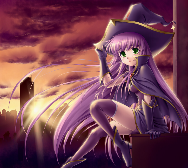 amane (funfun), funfun, original, cape, gloves, green eyes, hat, long hair, purple hair, sitting, solo, sunset, thighhighs, very long hair, witch hat
