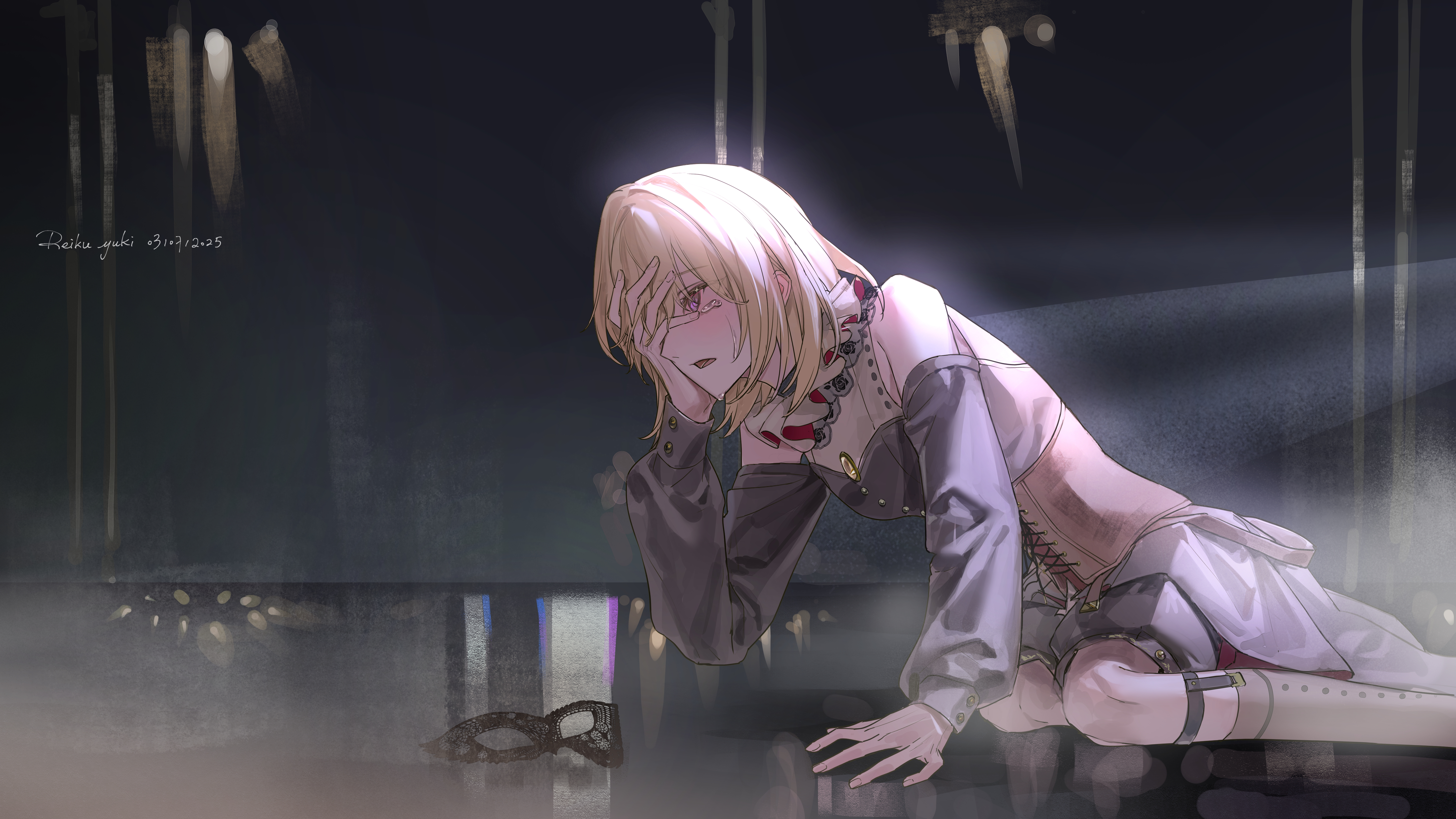 lingjiu yuki, doloris (bang dream!), misumi uika, bang dream!, bang dream! it's mygo!!!!!, absurdres, highres, 1girl, black dress, blonde hair, brown corset, clothing cutout, corset, crying, crying with eyes open, dated, dress, garter straps, grey socks, hair between eyes, kneehighs, long sleeves, mask, masquerade mask, medium hair, purple eyes, shoulder cutout, socks, solo, tears, unworn mask