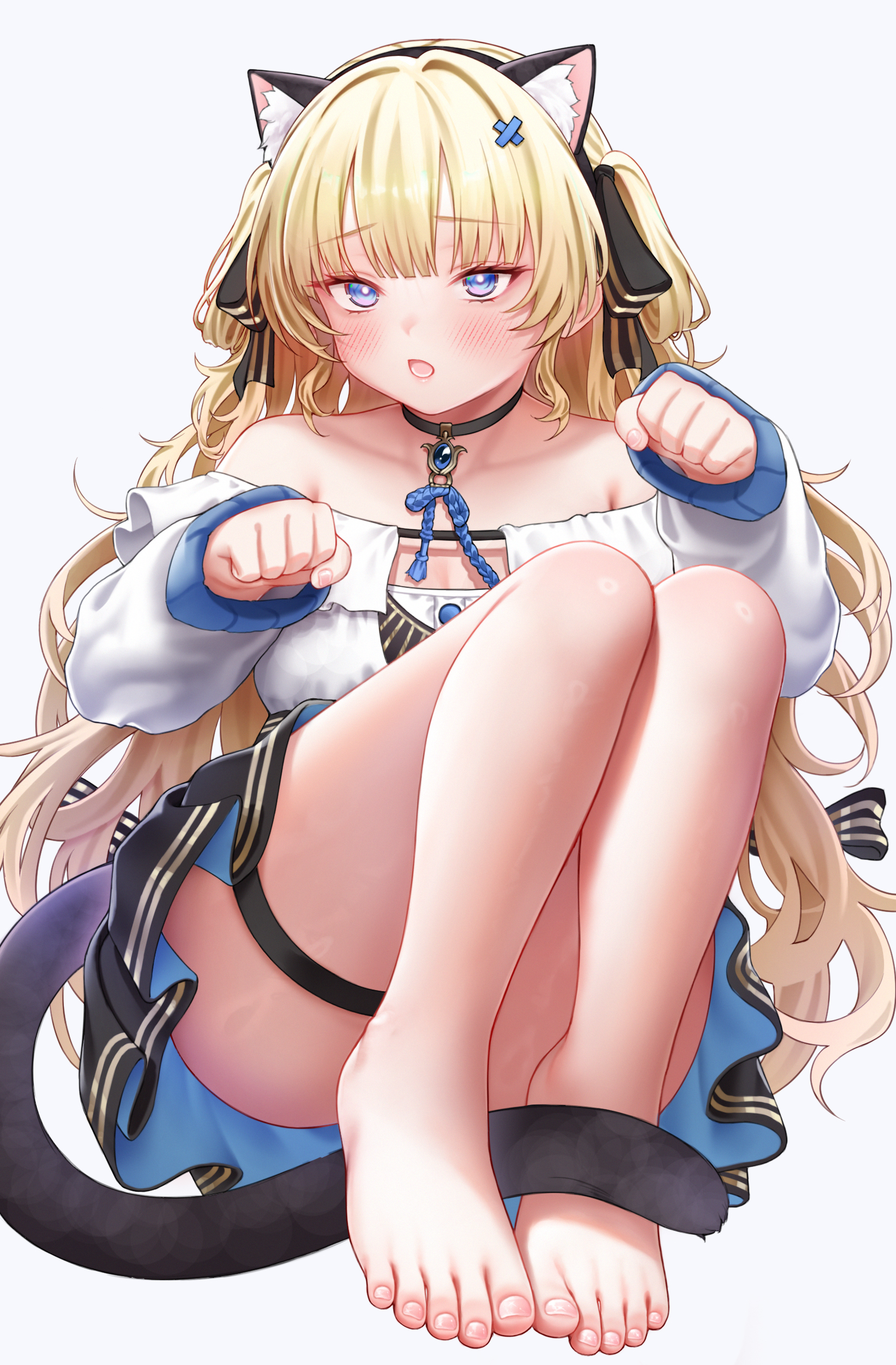 zhaofeng yinyue, phoebe (wuthering waves), wuthering waves, absurdres, commentary, highres, 1girl, alternate costume, animal ear hairband, animal ears, bare shoulders, barefoot, black choker, black skirt, blonde hair, blue eyes, blush, breasts, cat ear hairband, cat ears, choker, collarbone, fake animal ears, feet, full body, hair ornament, hairband, hands up, long hair, looking at viewer, medium breasts, parted lips, paw pose, shirt, simple background, skirt, solo, thigh strap, thighs, toes, very long hair, white background, white shirt, x hair ornament