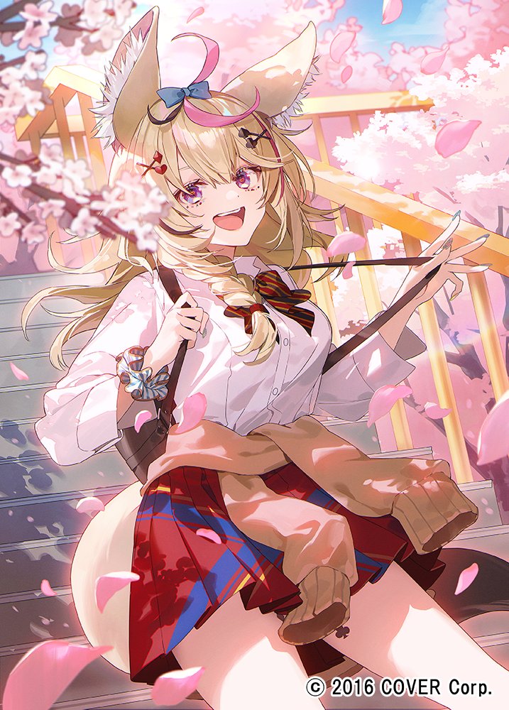 shuukenyuu, omaru polka, omaru polka (school uniform), hololive, commentary request, official art, 1girl, :d, ahoge, animal ear fluff, animal ears, black hair, blonde hair, blue bow, blurry, blurry foreground, bow, bowtie, braid, brown cardigan, cardigan, cardigan around waist, cherry blossoms, clothes around waist, collared shirt, copyright notice, day, diagonal-striped bow, diagonal-striped bowtie, diagonal-striped clothes, double-parted bangs, dress shirt, falling petals, fox ears, fox girl, fox tail, hair between eyes, hair bow, heart, heart-shaped pupils, long hair, looking at viewer, mark under eye, miniskirt, multicolored hair, official alternate costume, open mouth, outdoors, petals, pink hair, pleated skirt, purple eyes, red bow, red bowtie, red skirt, school uniform, scrunchie, shirt, side braid, single braid, skirt, smile, solo, streaked hair, striped bow, striped bowtie, striped clothes, symbol-shaped pupils, tail, teeth, upper teeth only, virtual youtuber, white shirt, wrist scrunchie