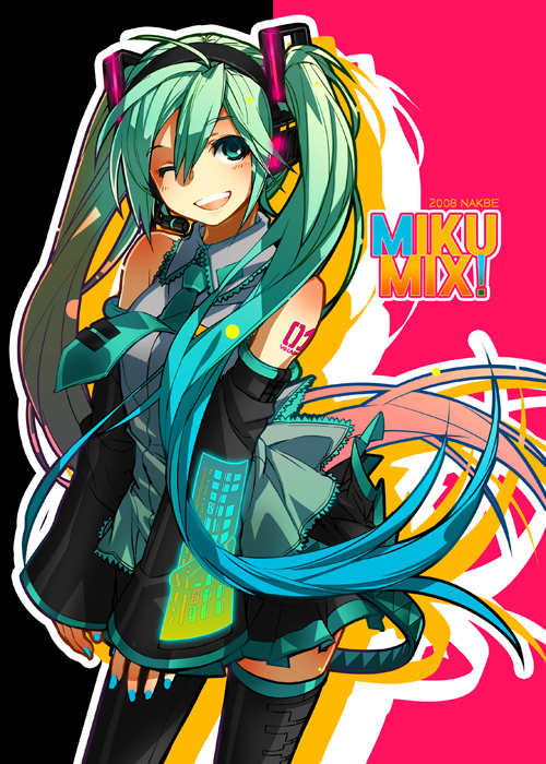 nakbe, hatsune miku, vocaloid, bad id, bad pixiv id, 1girl, aqua hair, detached sleeves, female focus, green eyes, headphones, long hair, microphone, multicolored hair, necktie, one eye closed, skirt, smile, solo, thighhighs, twintails, wink, zettai ryouiki