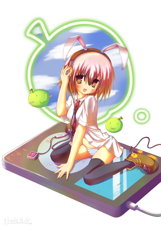 abudala, original, animal ears, digital media player, digital walkman, headphones, ipod, necktie, panties, pink hair, rabbit ears, solo, striped clothes, striped panties, thighhighs, underwear, yellow eyes