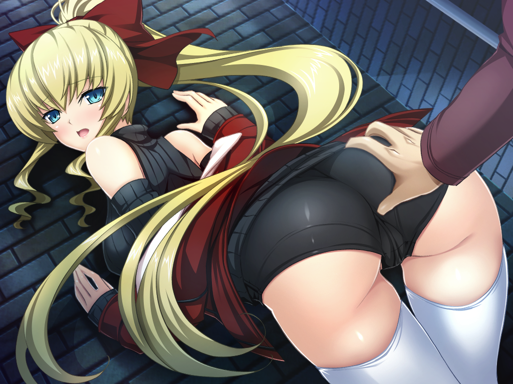inoino, rieszverne suzette paladill, kouyoku senki exs-tia, game cg, non-web source, official art, variant set, 1boy, 1girl, against wall, ass, bare shoulders, bent over, black shorts, black sweater, blonde hair, blue eyes, blush, bow, breasts, brick wall, casual, cowboy shot, detached sleeves, dutch angle, floating hair, from behind, grabbing another's ass, groping, hair between eyes, hair bow, hetero, high ponytail, jacket, large breasts, long hair, long sleeves, looking at viewer, looking back, night, off shoulder, open clothes, open jacket, open mouth, outdoors, ponytail, red bow, red jacket, ribbed sweater, short shorts, shorts, sidelocks, sleeveless, sleeveless sweater, sleeveless turtleneck, sleeves past wrists, smile, solo focus, standing, sweater, thigh gap, thighhighs, turtleneck, turtleneck sweater, very long hair, white thighhighs