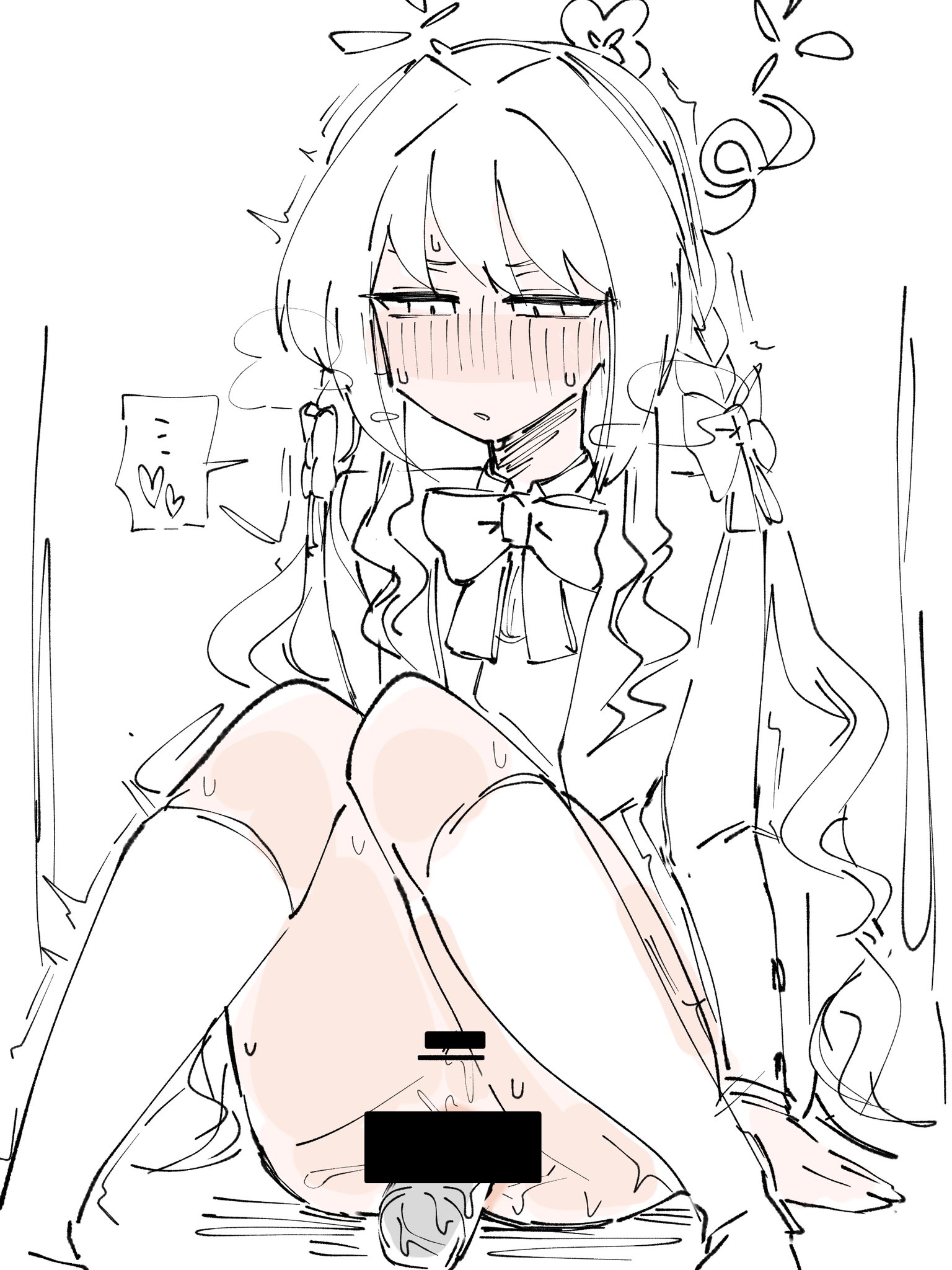 bagaponchi, miyo (blue archive), blue archive, highres, …, 1girl, bar censor, blush, bottomless, bow, bowtie, braid, censored, collared shirt, dildo, dildo riding, female masturbation, hair bow, half-closed eyes, halo, heart, jacket, kneehighs, knees together feet apart, knees up, long hair, long sleeves, masturbation, monochrome, nose blush, object insertion, pussy, pussy juice, sex toy, shirt, simple background, sitting, sketch, socks, solo, speech bubble, spoken ellipsis, spoken heart, spot color, sweat, trembling, vaginal, vaginal object insertion, vibrator