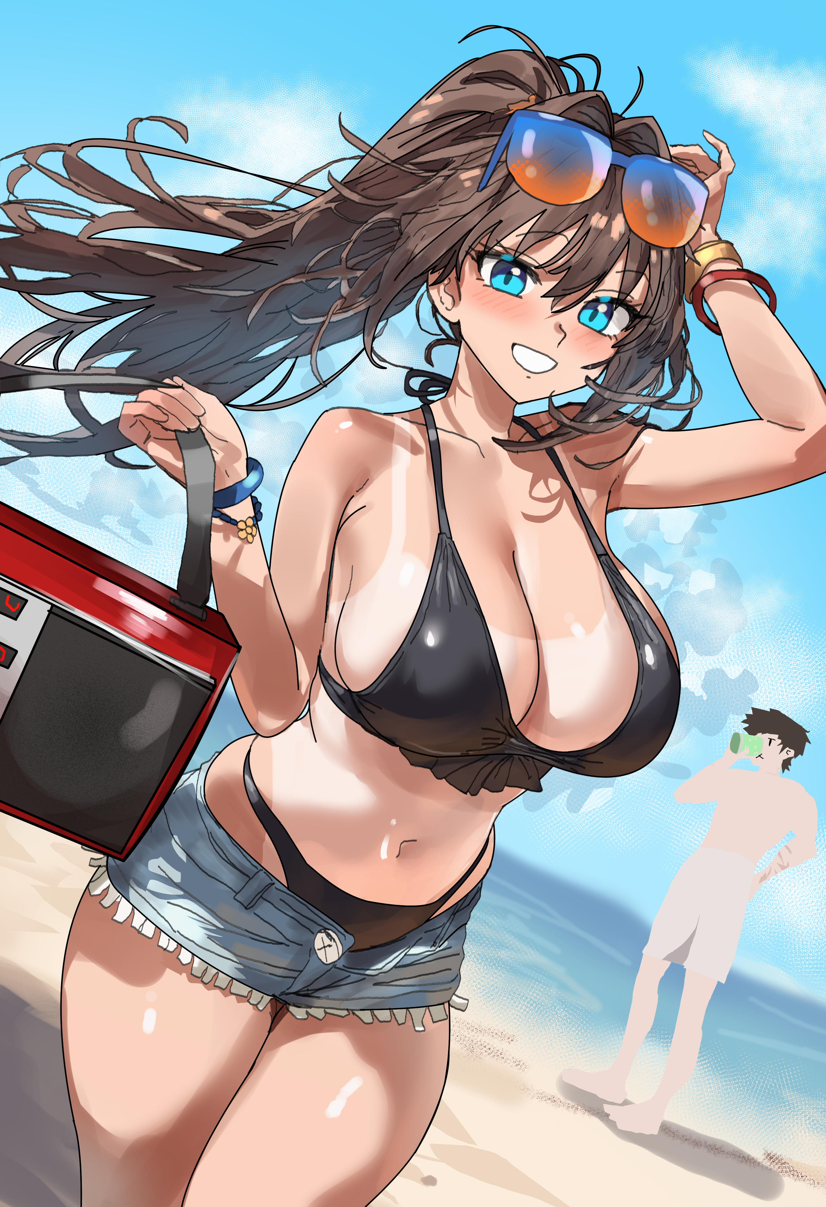 ebora, aozaki aoko, shizuki soujuurou, mahou tsukai no yoru, absurdres, highres, revision, 1boy, 1girl, bare shoulders, beach, bikini, black bikini, blue eyes, blue shorts, blush, breasts, brown hair, cleavage, grin, hair intakes, large breasts, long hair, looking at viewer, male swimwear, navel, outdoors, shore, short hair, short shorts, shorts, sidelocks, smile, solo focus, sunglasses, swim trunks, swimsuit, tan, thighs, white shorts