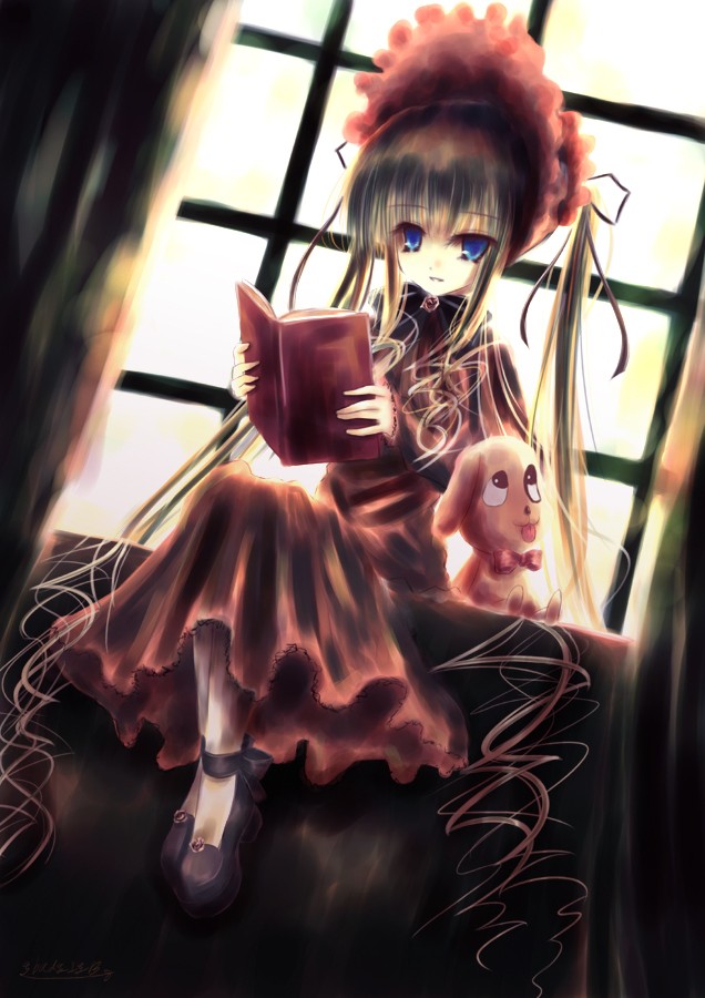 abudala, kunkun, shinku, rozen maiden, 00s, blonde hair, blue eyes, bonnet, book, dress, drill hair, long hair, solo, twintails