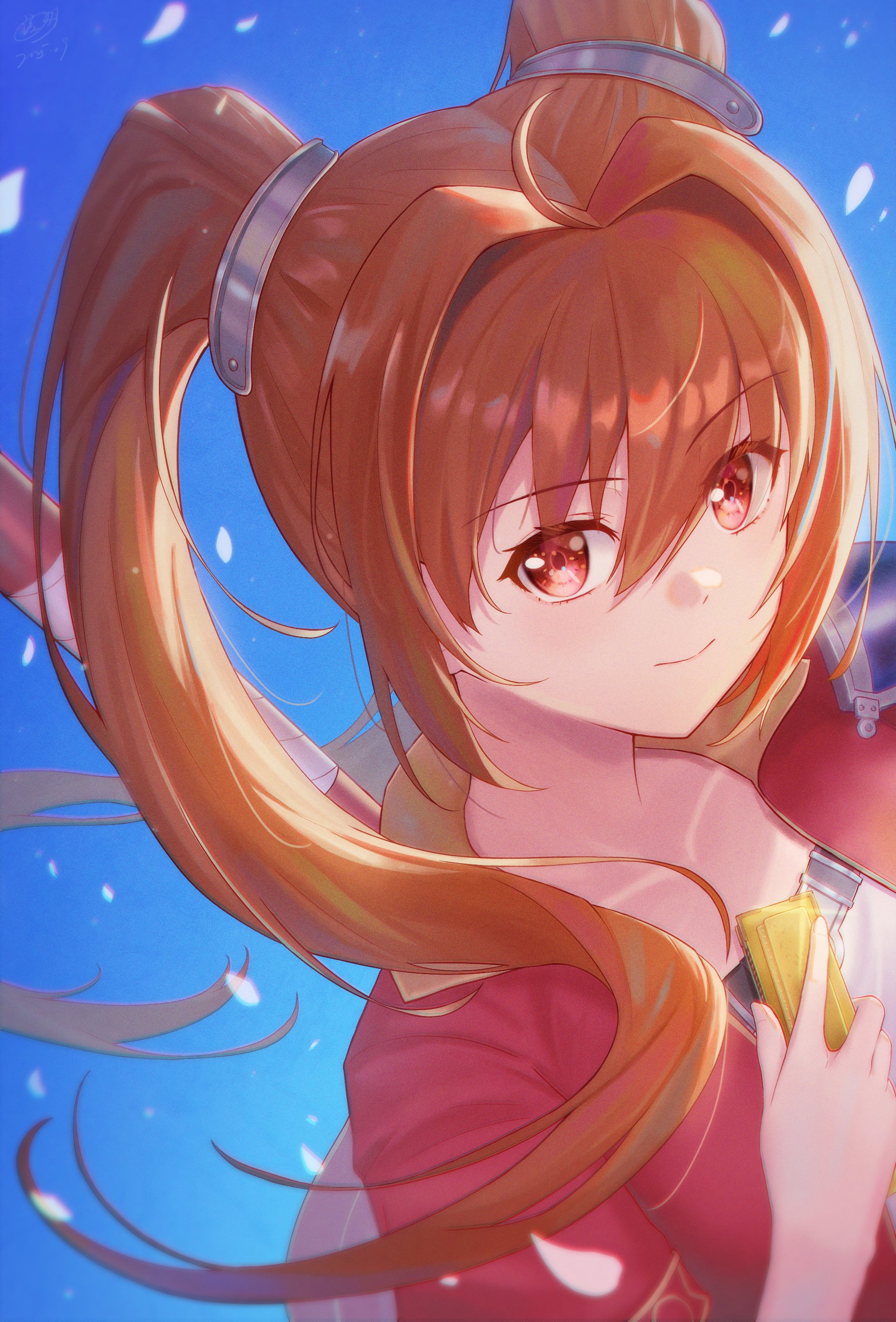 flowingcrescent, estelle bright, eiyuu densetsu, sora no kiseki, absurdres, highres, 1girl, ahoge, antenna hair, armor, bo staff, collarbone, double-parted bangs, falling petals, floating hair, glint, hair between eyes, hair intakes, harmonica, holding, holding instrument, holding staff, holding weapon, instrument, long hair, looking at viewer, pauldrons, petals, red eyes, shoulder armor, single pauldron, smile, solo, staff, twintails, weapon