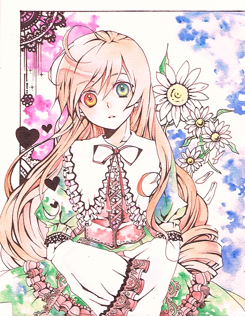 n-mix, suiseiseki, rozen maiden, 00s, 1girl, brown hair, dress, female focus, flower, frills, head tilt, heterochromia, long hair, looking at viewer, solo