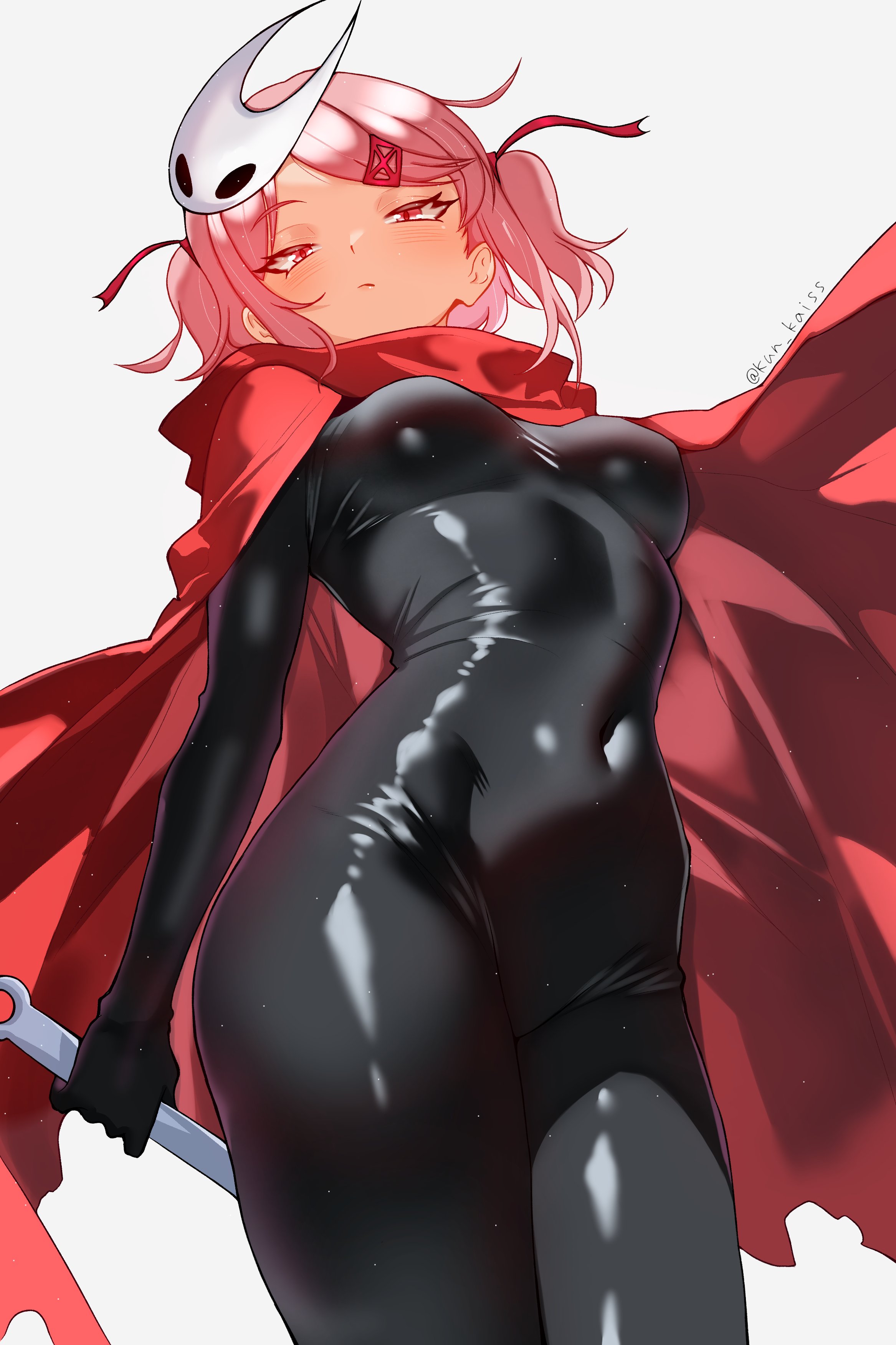 kun kaiss, hornet (hollow knight), natsuki (doki doki literature club), doki doki literature club, hollow knight, hollow knight: silksong, black bodystocking, absurdres, alt text, highres, 1girl, artist name, blush, breasts, cloak, closed mouth, cosplay, covered navel, from below, holding, holding weapon, hornet (hollow knight) (cosplay), looking at viewer, mask, mask on head, medium breasts, pink eyes, pink hair, red cloak, simple background, solo, swept bangs, two side up, weapon, white background