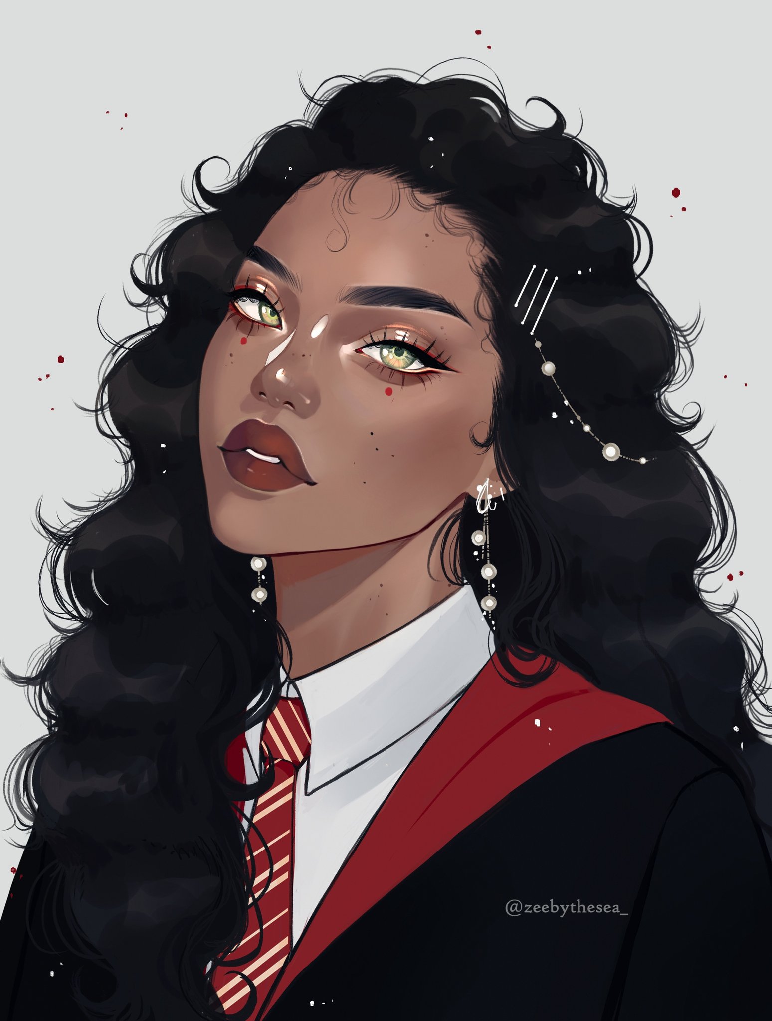 zeebythesea, original, highres, 1girl, aegyo sal, black coat, black hair, coat, collared shirt, curly hair, dark-skinned female, dark skin, earrings, eyelashes, eyeliner, forehead, green eyes, gryffindor, hair ornament, hair over shoulder, hair slicked back, hairclip, hogwarts school uniform, jewelry, long hair, looking at viewer, makeup, mole, mole on cheek, mole on forehead, mole on nose, mole under each eye, mole under eye, multiple moles, necktie, parted lips, pearl earrings, portrait, red eyeliner, red necktie, school uniform, shiny skin, shirt, thick eyebrows, thick lips, twitter username, white background, white shirt