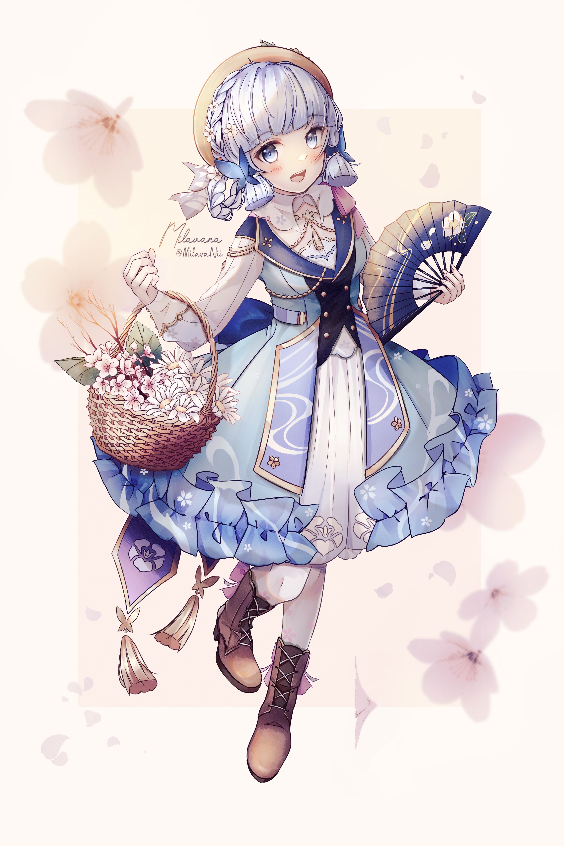 milavana, ayaka (genshin impact), kamisato ayaka, kamisato ayaka (springbloom missive), genshin impact, absurdres, commentary, highres, 1girl, :d, basket, blue butterfly, blue dress, blue eyes, blunt bangs, blunt tresses, boots, braid, braided hair rings, brown boots, brown hat, bug, butterfly, butterfly hair ornament, dress, flower, folding fan, full body, hair ornament, hair rings, hand fan, hat, holding, holding basket, holding fan, insect, lace-up boots, long sleeves, medium hair, multicolored dress, neck tassel, official alternate hairstyle, open mouth, pantyhose, sidelocks, signature, smile, solo, standing, straw hat, tassel, white flower, white hair, white pantyhose, white sleeves