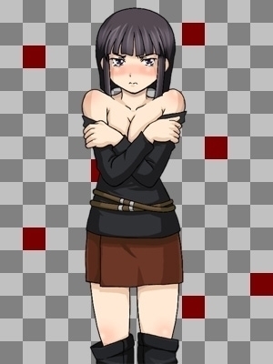 lyra (fma), fullmetal alchemist, lowres, 00s, 1girl, bare shoulders, black hair, blunt bangs, blush, bob cut, boots, breasts, checkered background, cleavage, embarrassed, female focus, knee boots, large breasts, miniskirt, purple eyes, short hair, skirt, solo, tears