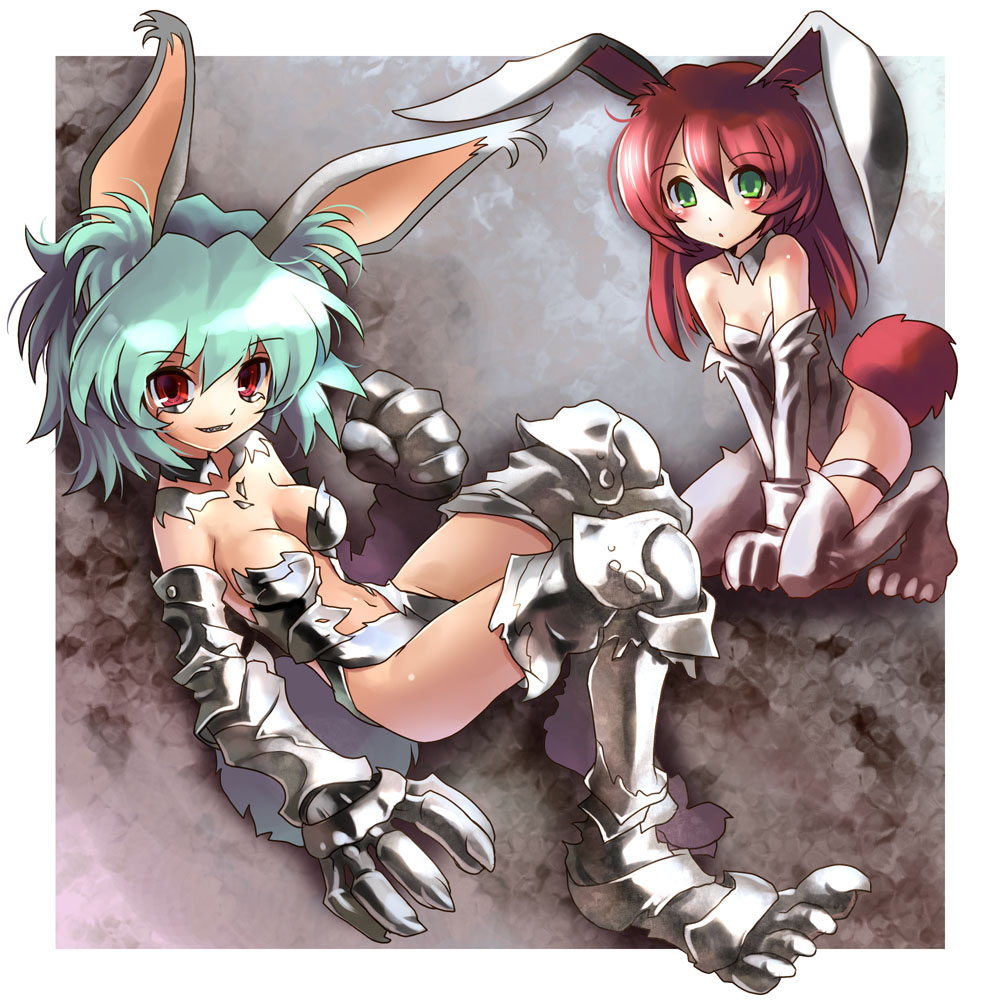 katahira masashi, original, ptc, 2girls, animal ears, armor, blush, breasts, green eyes, medium breasts, multiple girls, rabbit ears, red eyes, small breasts