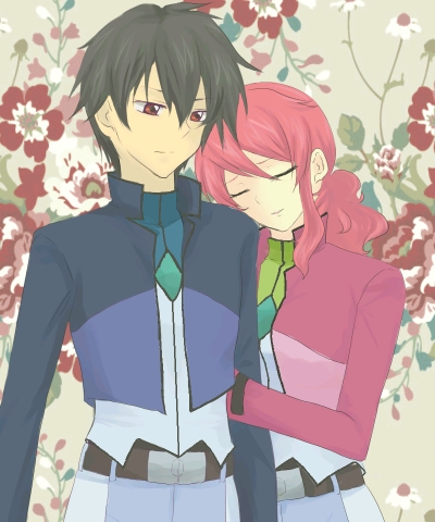 ocha (tea), uuron tea, feldt grace, setsuna f. seiei, gundam, gundam 00, arm grab, lowres, 00s, 1boy, 1girl, belt, black hair, couple, flower, hetero, jacket, pink hair