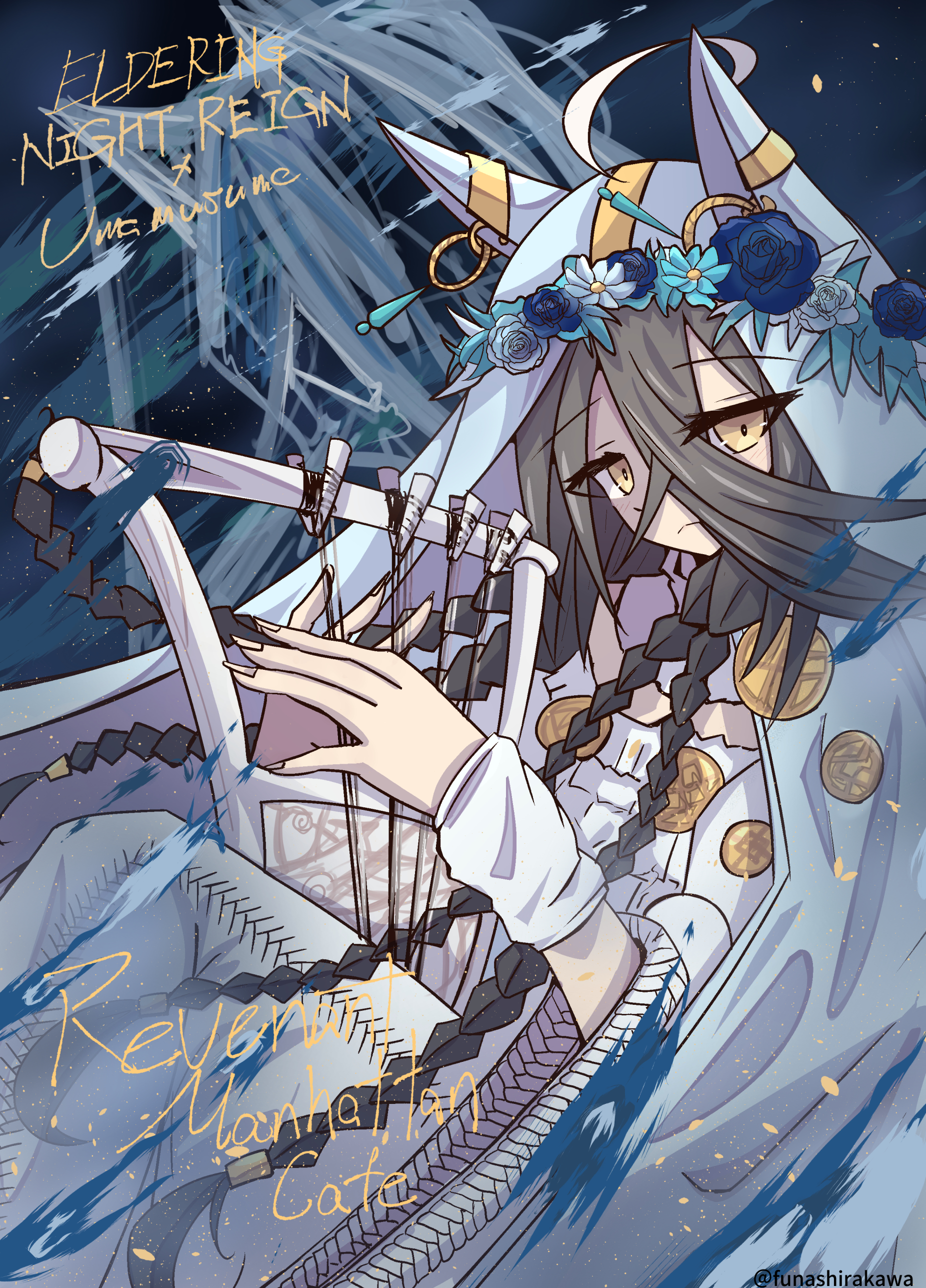 manhattan cafe (umamusume), revenant (elden ring), elden ring, elden ring nightreign, absurdres, highres, 1girl, ahoge, animal ears, artist name, black hair, blush, closed mouth, cosplay, crossed bangs, dress, ear ornament, earrings, flower, frown, funashirakawa, hair between eyes, hair through headwear, head wreath, holding, holding instrument, holding lyre, horse ears, horse girl, instrument, jewelry, long hair, long hair between eyes, looking at viewer, lyre, multicolored hair, music, night, night sky, playing instrument, purple flower, quad braids, revenant (elden ring) (cosplay), short sleeves, single earring, sky, star (sky), veil, very long hair, white arm warmers, white dress, white flower, white hair, white veil, yellow eyes