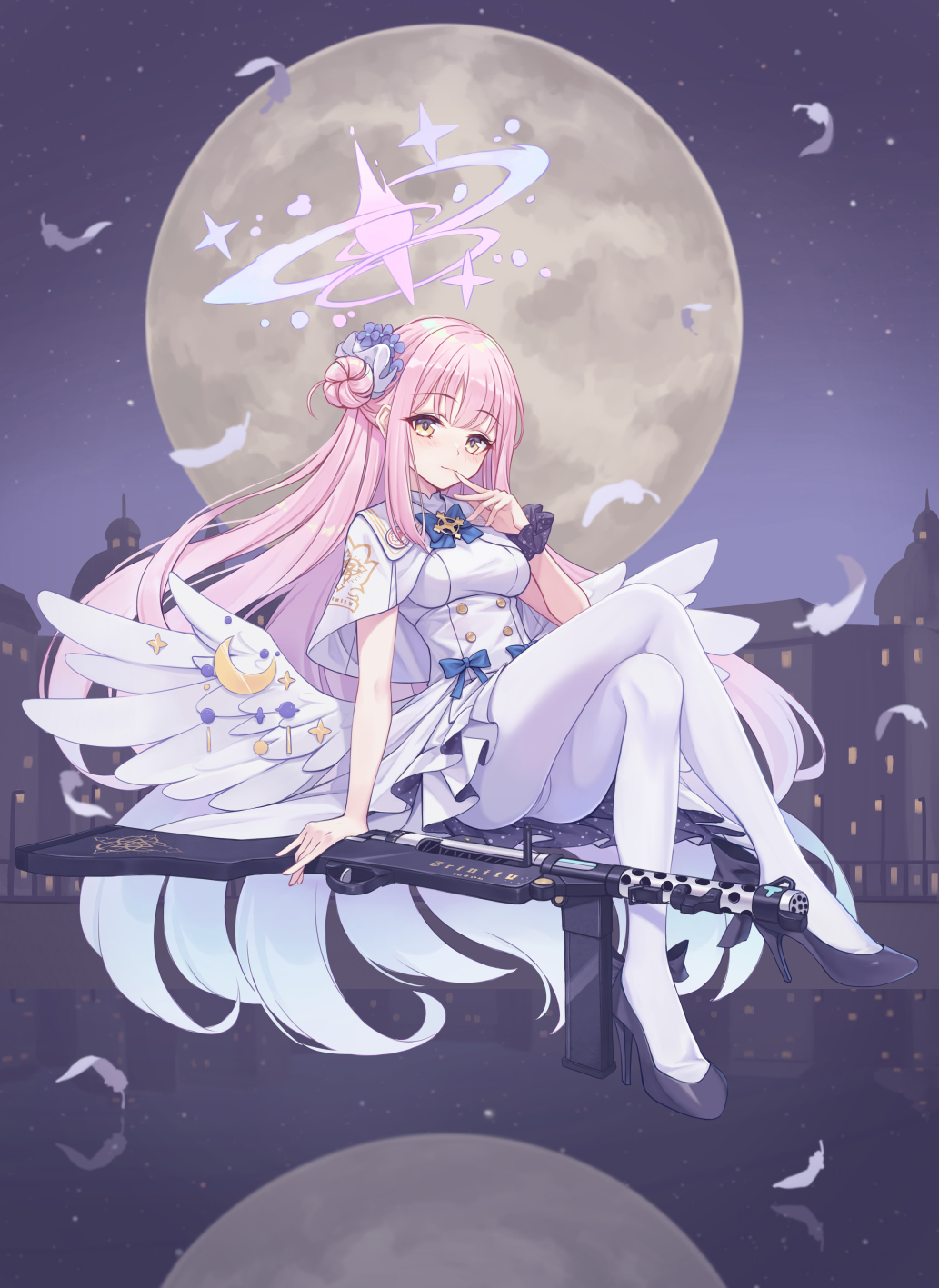 hoodier, mika (blue archive), blue archive, highres, 1girl, angel wings, aqua hair, blue bow, blush, bow, buttons, capelet, closed mouth, crescent, crossed legs, dress, falling feathers, feathered wings, feathers, flower, full moon, gold trim, gradient hair, gun, hair bun, hair flower, hair ornament, high heels, holding, holding gun, holding weapon, lanchester smg, long hair, looking at viewer, low wings, moon, multicolored hair, pantyhose, pink hair, pumps, single hair bun, single side bun, smile, solo, submachine gun, very long hair, weapon, white capelet, white dress, white feathers, white pantyhose, white wings, wing ornament, wings, yellow eyes