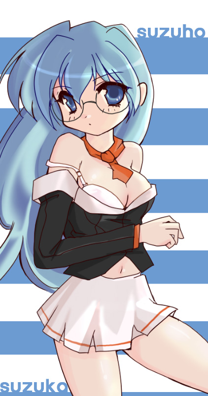 kusano gurima, hasegawa suzuho, magician's academy, bad id, bad pixiv id, 00s, 1girl, blue eyes, blue hair, bra, breasts, female focus, glasses, large breasts, lingerie, matching hair/eyes, navel, necktie, school uniform, serafuku, solo, underwear, undressing