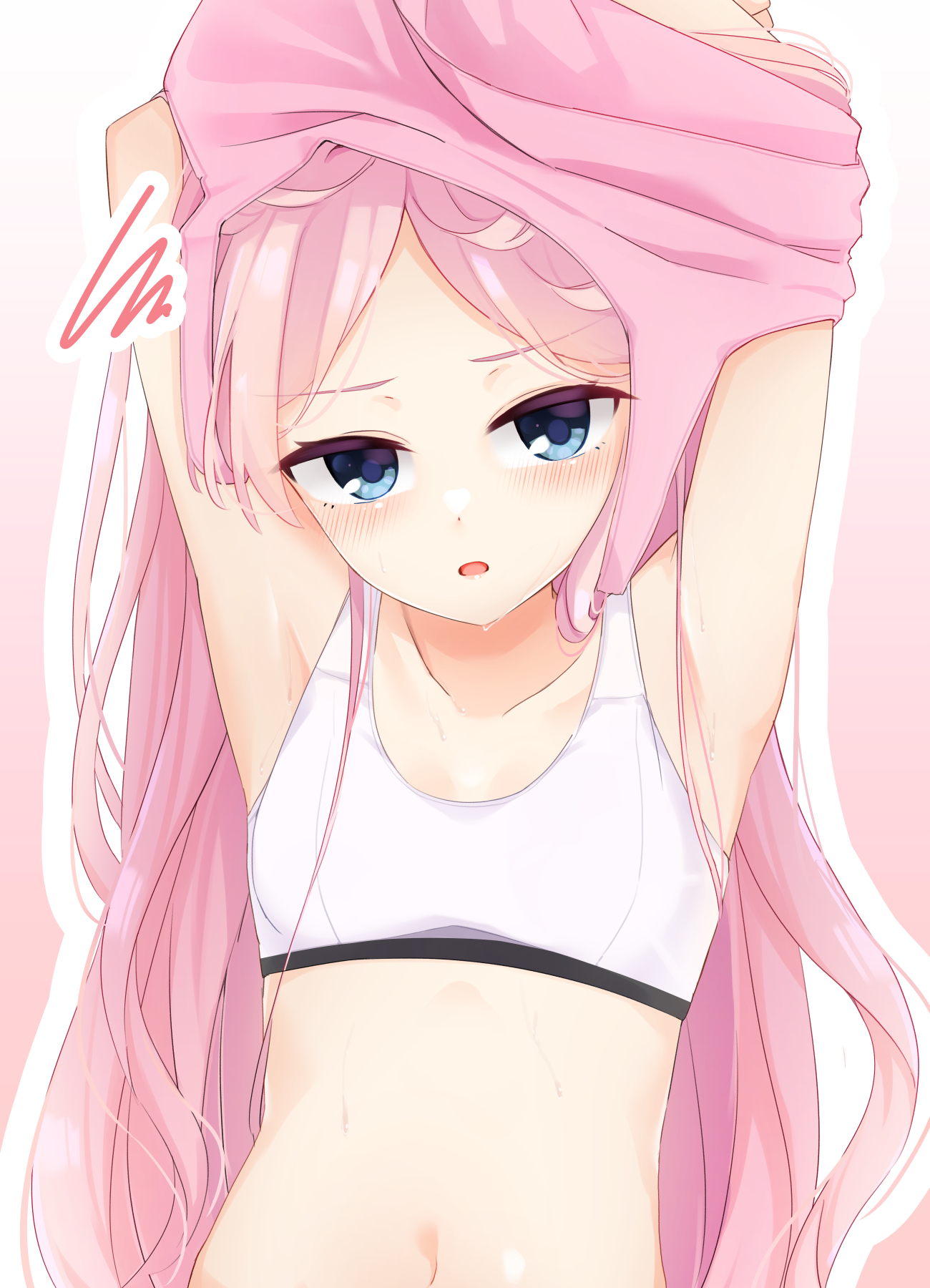 silver116, shioyama suzune, cafe stella to shinigami no chou, commentary request, highres, 1girl, alternate costume, armpits, arms up, blue eyes, blush, breasts, collarbone, eyelashes, frown, hair over shoulder, long hair, looking at viewer, navel, open mouth, outline, parted bangs, pink background, pink hair, simple background, small breasts, solo, sports bra, squiggle, stomach, sweat, tsurime, undressing, upper body, v-shaped eyebrows, very long hair, white outline, white sports bra