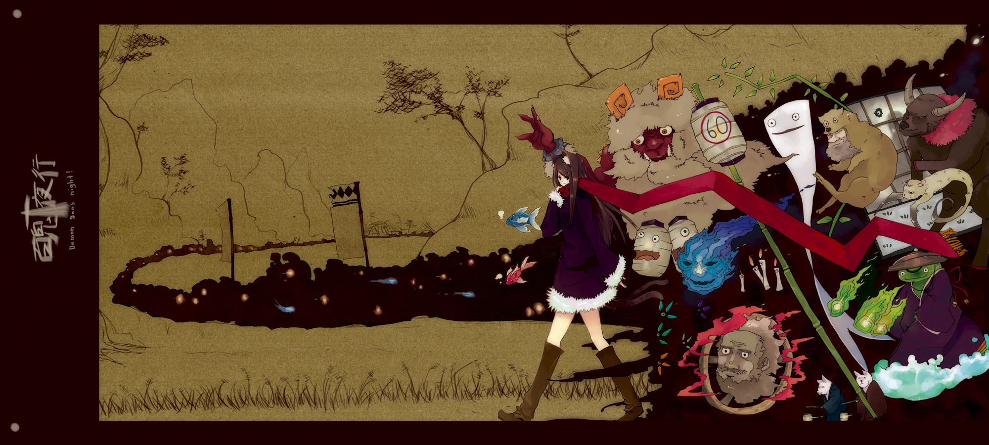 hrd, original, highres, long image, wide image, 1girl, animal ears, bamboo, boots, cat ears, fish, lantern, scarf, spirit, traditional youkai