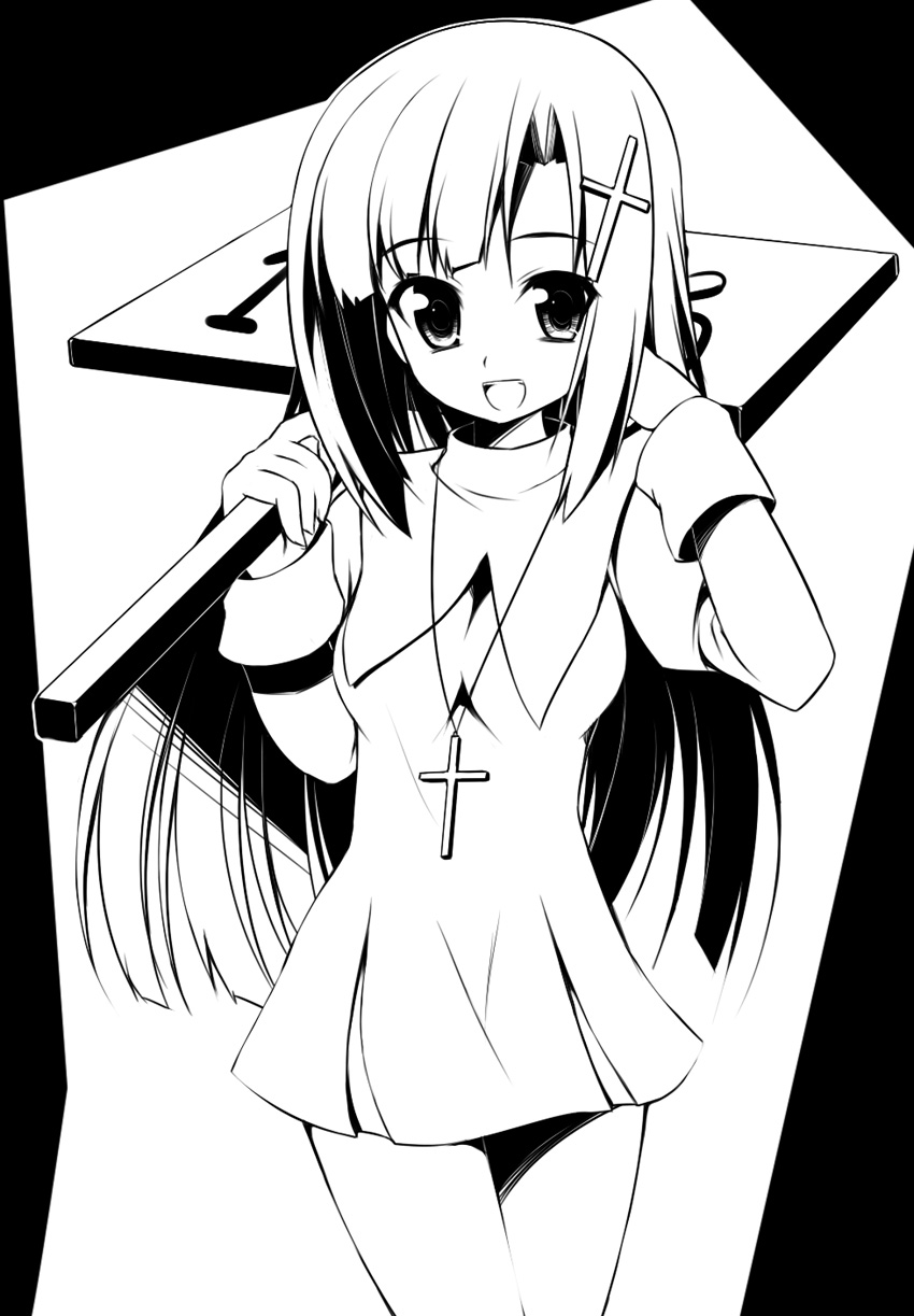 hoppege, zange, kannagi, highres, 00s, 1girl, cross, female focus, greyscale, holding, holding sign, monochrome, open mouth, sign, solo