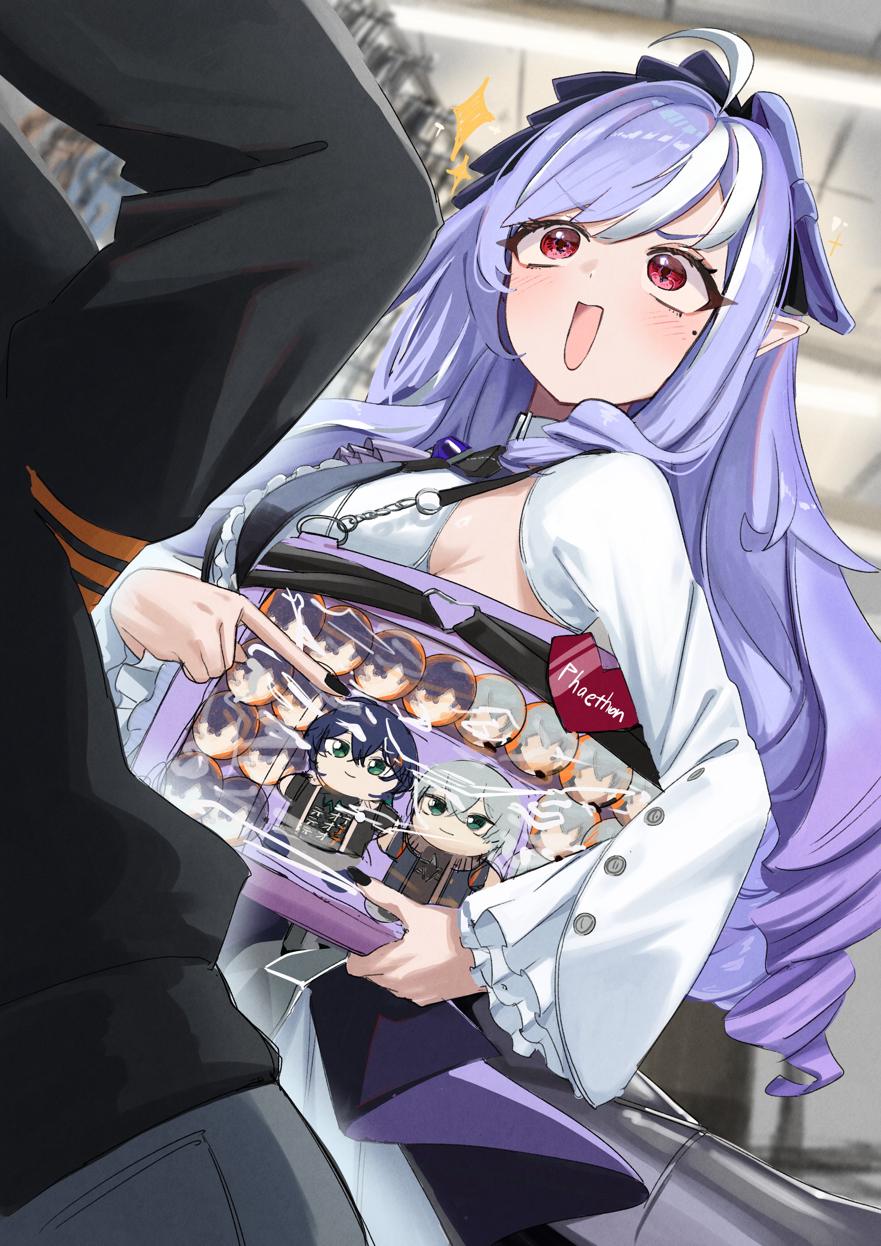 dondobi, belle (zenless zone zero), vivian banshee, wise (zenless zone zero), zenless zone zero, absurdres, highres, 2girls, bag, black hairband, black jacket, blush, breasts, character badge, character doll, doll, dress, drill hair, hairband, jacket, long hair, medium breasts, mole, mole under eye, multicolored hair, multiple girls, open mouth, pointing, pointy ears, purple hair, red eyes, shoulder bag, sideboob, streaked hair, white dress, white hair