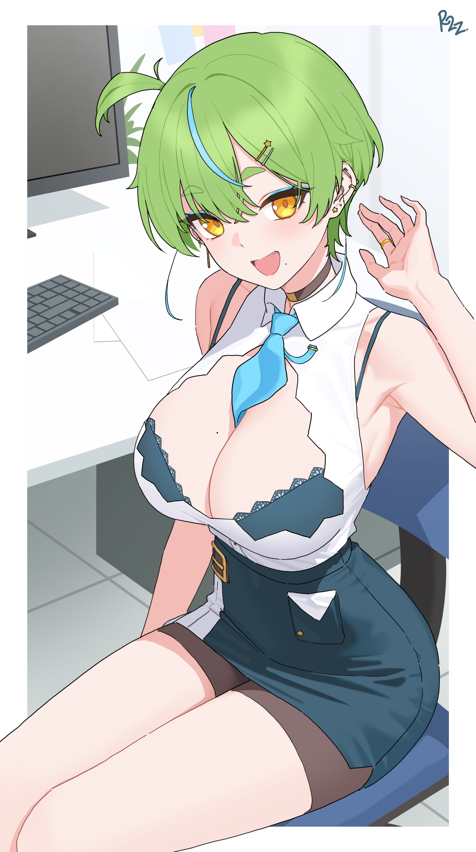 dhokidoki, viri morelia, indie virtual youtuber, absurdres, commentary, english commentary, highres, 1girl, armpits, bare arms, bare shoulders, between breasts, black choker, blue bra, blue necktie, blue skirt, bra, breasts, choker, cleavage, collared shirt, ear piercing, eyeshadow, fang, green hair, hair ornament, hairclip, hand up, high-waist skirt, jewelry, lace, lace-trimmed bra, lace trim, large breasts, looking at viewer, makeup, miniskirt, mole, mole on breast, mole under mouth, multicolored hair, necktie, necktie between breasts, open mouth, pencil skirt, piercing, ring, shirt, short hair, sitting, skirt, sleeveless, sleeveless shirt, smile, solo, streaked hair, thick eyebrows, thighs, underwear, virtual youtuber, white shirt, yellow eyes
