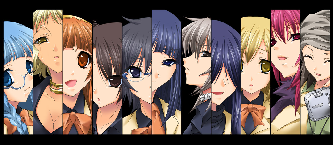 maho (yakimorokoshi), mashuu (masyu), andou nene, iizuka tatsuki, kazamatsuri touma, kobayashi koma, makunouchi ushio, nikaidou hitsugi, nonomura ayumi, ooba minato, saotome suzume, suzugasaki chie, suzugazaki chie, tsubomiya inori, hyakko, 00s, 6+girls, ^ ^, blonde hair, blue eyes, blue hair, bow, braid, breasts, brown hair, camera, cleavage, closed eyes, expressionless, glasses, hair over eyes, head tilt, jewelry, lineup, long hair, looking at viewer, medium breasts, multiple girls, neck ribbon, necklace, necktie, orange hair, pink eyes, pink hair, profile, red eyes, ribbon, school uniform, shirt, short hair, smile, tears, yellow eyes