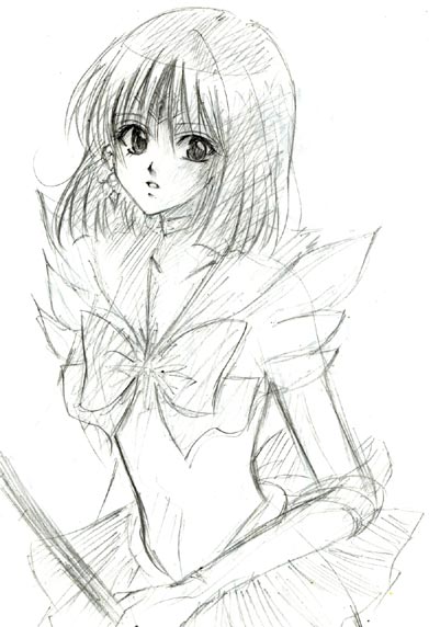 sailor saturn, tomoe hotaru, bishoujo senshi sailor moon, traditional media, 1990s (style), 1girl, bob cut, brooch, choker, earrings, elbow gloves, female focus, gloves, greyscale, jewelry, magical girl, monochrome, retro artstyle, sketch, solo, star brooch, tiara