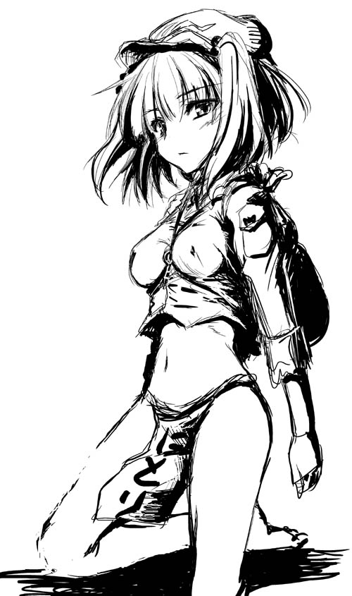 mikage baku, kawashiro nitori, touhou, 1girl, backpack, bag, barefoot, breasts, female focus, fundoshi, greyscale, hat, japanese clothes, key, medium breasts, midriff, monochrome, randoseru, sketch, solo, twintails, two side up