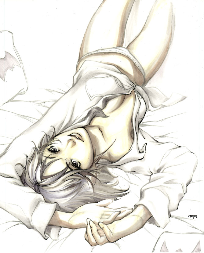 pop mhan, batgirl, cassandra cain, batman (series), dc comics, silver hair, 1girl, breasts, cleavage, dress shirt, female focus, grey eyes, lying, midriff, on back, panties, shirt, short hair, smile, solo, thighs, underwear, white panties
