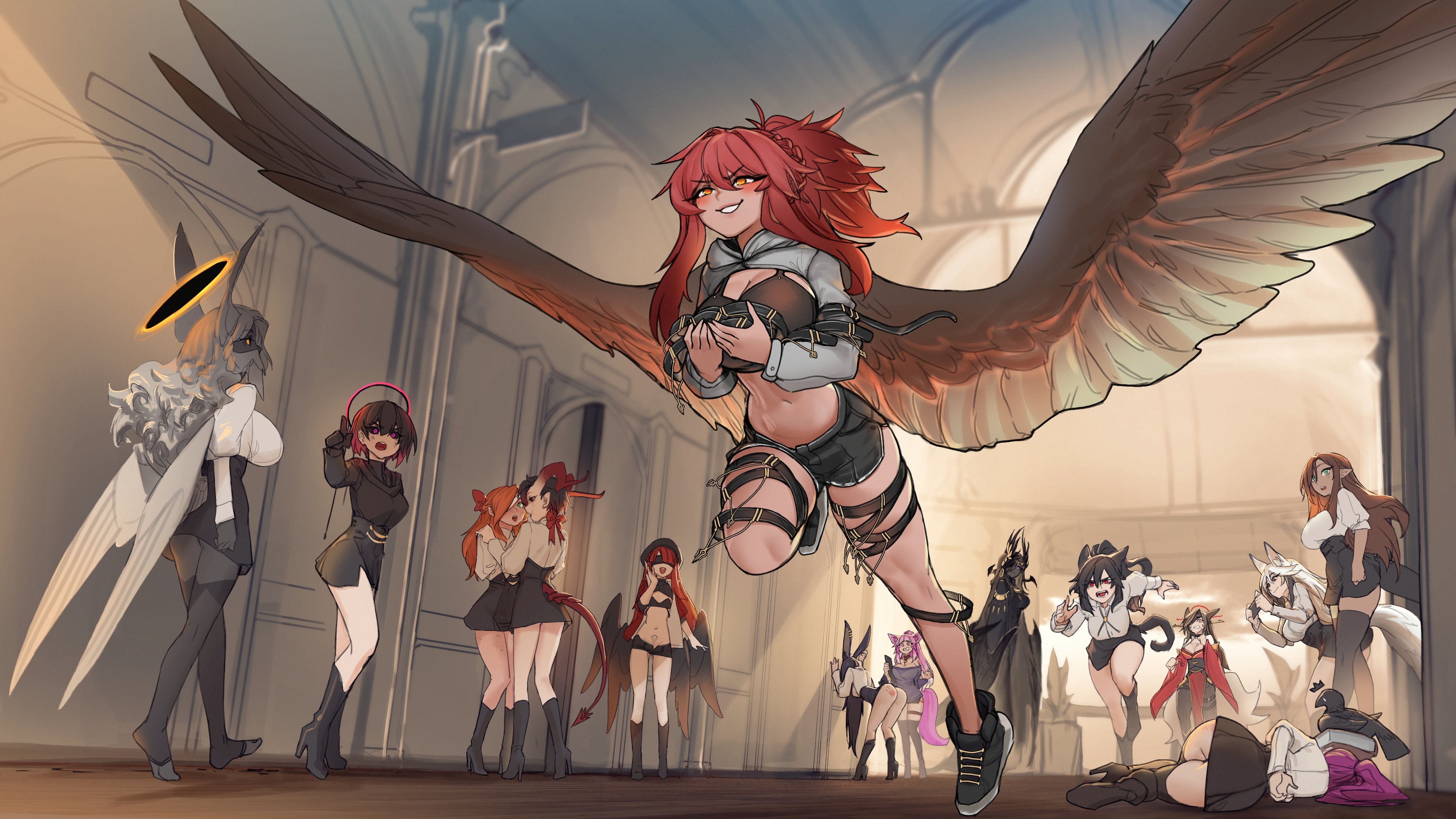 less, original, absurdres, commentary, english commentary, highres, 6+girls, against wall, animal ears, ass, bare legs, bent over, black boots, black gloves, black sclera, black shoes, black shorts, blindfold, blush, boots, braid, breasts, brown hair, cat ears, cat girl, cat tail, chasing, cleavage, colored sclera, demon tail, feathered wings, fleeing, fox ears, fox girl, fox tail, gloves, grey shrug, grin, hair between eyes, halo, high heel boots, high heels, hood, hood down, hooded shrug, indoors, knee boots, large breasts, long hair, long sleeves, lying, midriff, multiple girls, navel, on side, orange eyes, pink hair, pointing, ponytail, ponytail with braided base, rabbit ears, rabbit girl, rabbit tail, red hair, running, shoes, short shorts, shorts, shrug (clothing), sidelocks, slap mark, smile, spanked, tail, thigh strap, wings, yuri