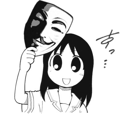 kasuga ayumu, azumanga daiou, v for vendetta, lowres, black hair, greyscale, guy fawkes mask, mask, monochrome, open mouth, parody, simple background, solo, white background