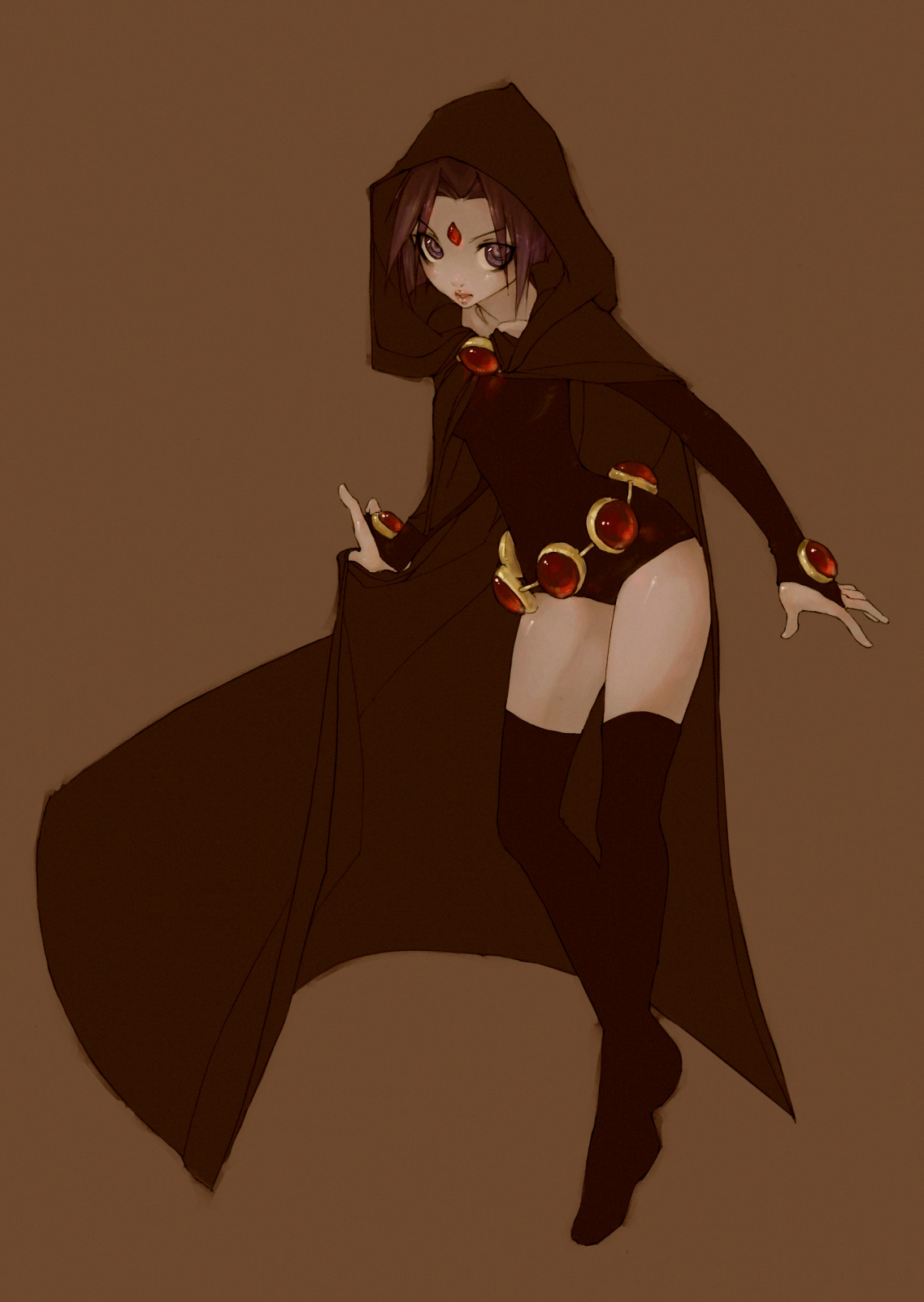 awesome, klar, raven (dc), dc comics, teen titans, raven, highres, belt, boots, bridal gauntlets, cloak, forehead jewel, leotard, simple background, sleeved leotard, thigh boots, thighhighs