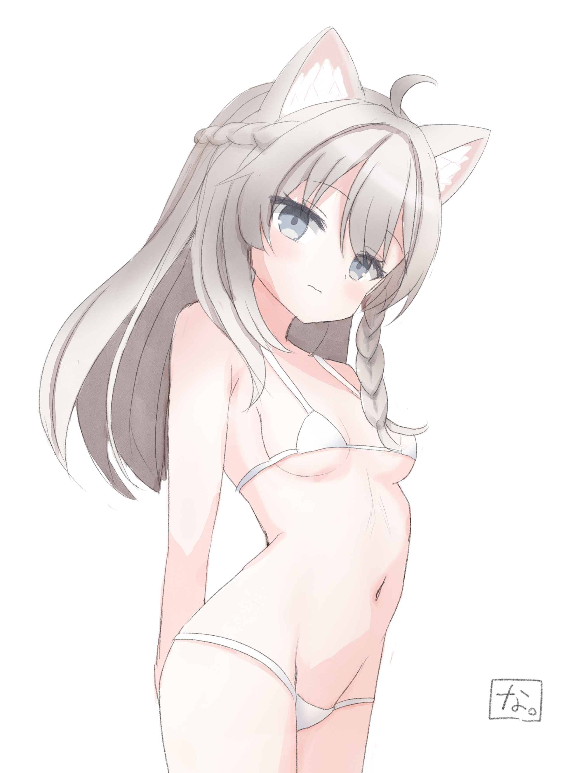 nayanaiti, shinano (vrchat), vrchat, absurdres, highres, 1girl, animal ears, bikini, braid, breasts, cat ears, cat girl, closed mouth, expressionless, grey eyes, grey hair, groin, half up braid, long hair, looking at viewer, navel, side braid, simple background, small breasts, stomach, swimsuit, white background, white bikini