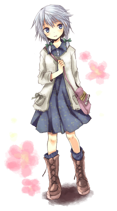 miya (tsumazukanai), izayoi sakuya, touhou, silver hair, 1girl, alternate costume, boots, braid, casual, contemporary, female focus, short hair, solo, twin braids