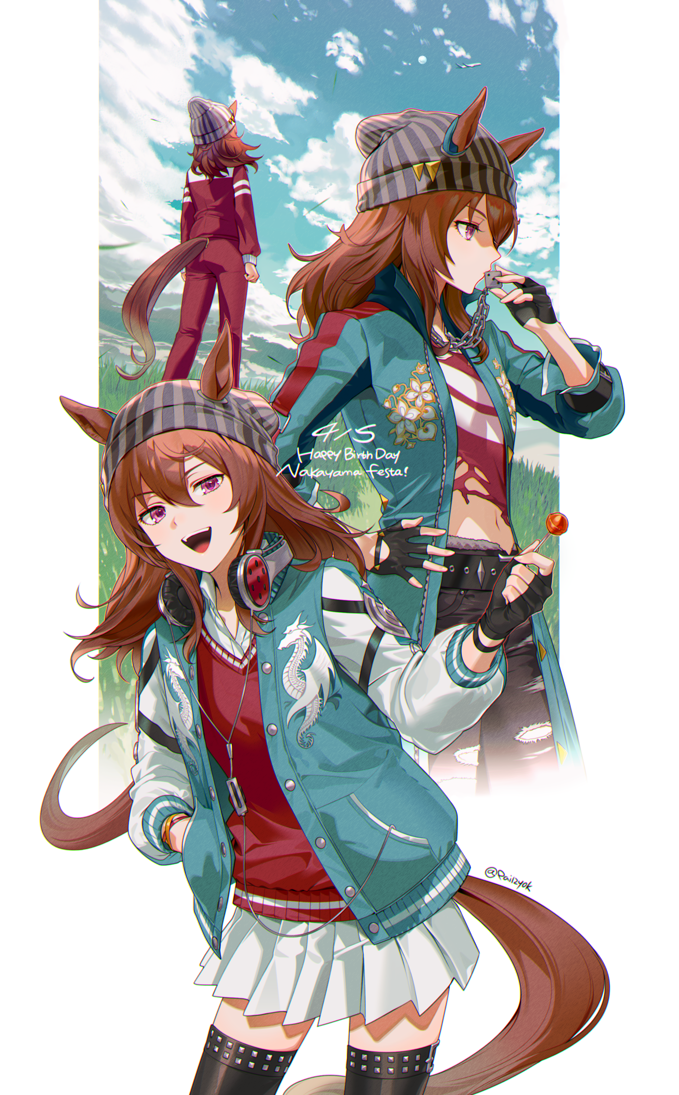 lz (palizyok), nakayama festa (shichuukyuukatsu) (umamusume), nakayama festa (umamusume), umamusume, absurdres, highres, 1girl, animal ears, beanie, brown hair, candy, character name, dice, dice necklace, ear ornament, ears through headwear, food, grey hat, happy birthday, hat, horse ears, horse girl, horse tail, jewelry, lollipop, necklace, open mouth, solo, striped hat, tail