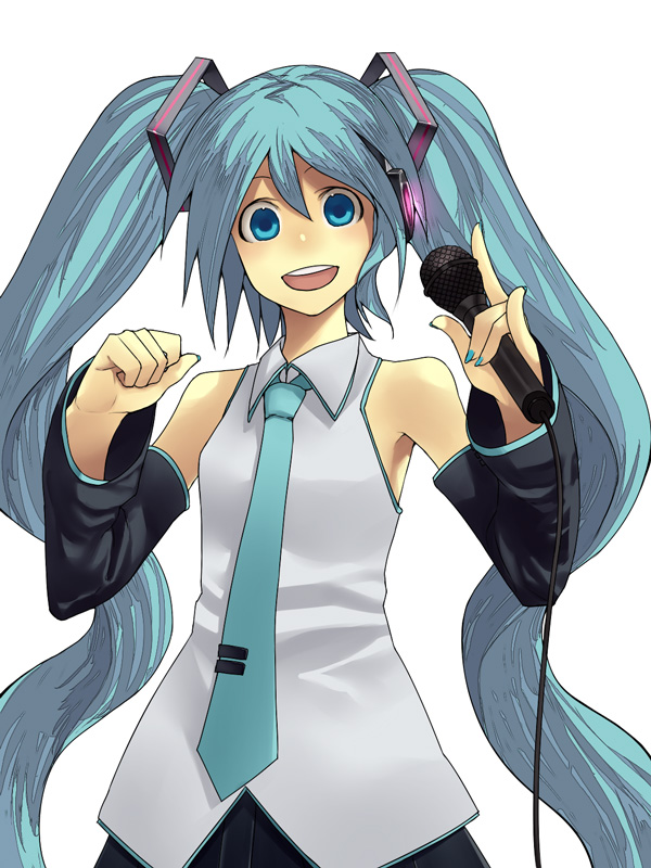 hama (22ji kara 24ji), hatsune miku, vocaloid, aqua eyes, aqua hair, detached sleeves, flat chest, long hair, microphone, necktie, solo, twintails, very long hair