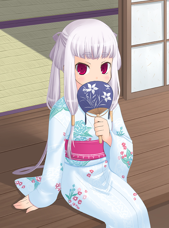 amamiya minato, tianzi, code geass, 00s, 1girl, female focus, hand fan, japanese clothes, kimono, paper fan, porch, solo, uchiwa, veranda