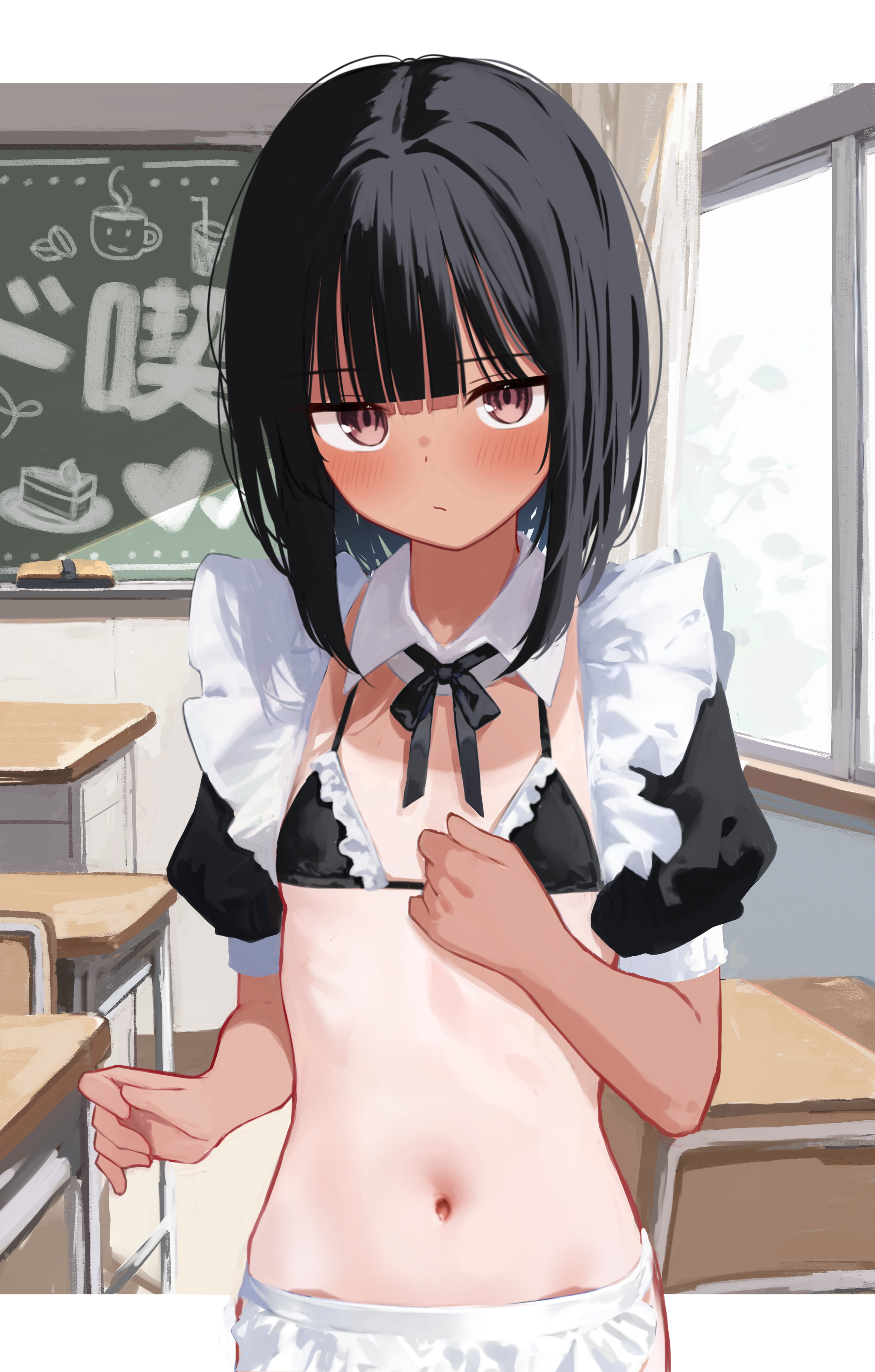 memekko, bob cut girl (memekko), original, absurdres, commentary request, highres, paid reward available, revision, 1girl, apron, bikini, black dress, black hair, black ribbon, blush, breasts, classroom, closed mouth, detached collar, dress, indoors, juliet sleeves, long sleeves, looking at viewer, maid, maid apron, maid bikini, medium hair, neck ribbon, one-piece tan, puffy sleeves, red eyes, ribbon, small breasts, solo, swimsuit, tan, tanline, unconventional maid, white apron