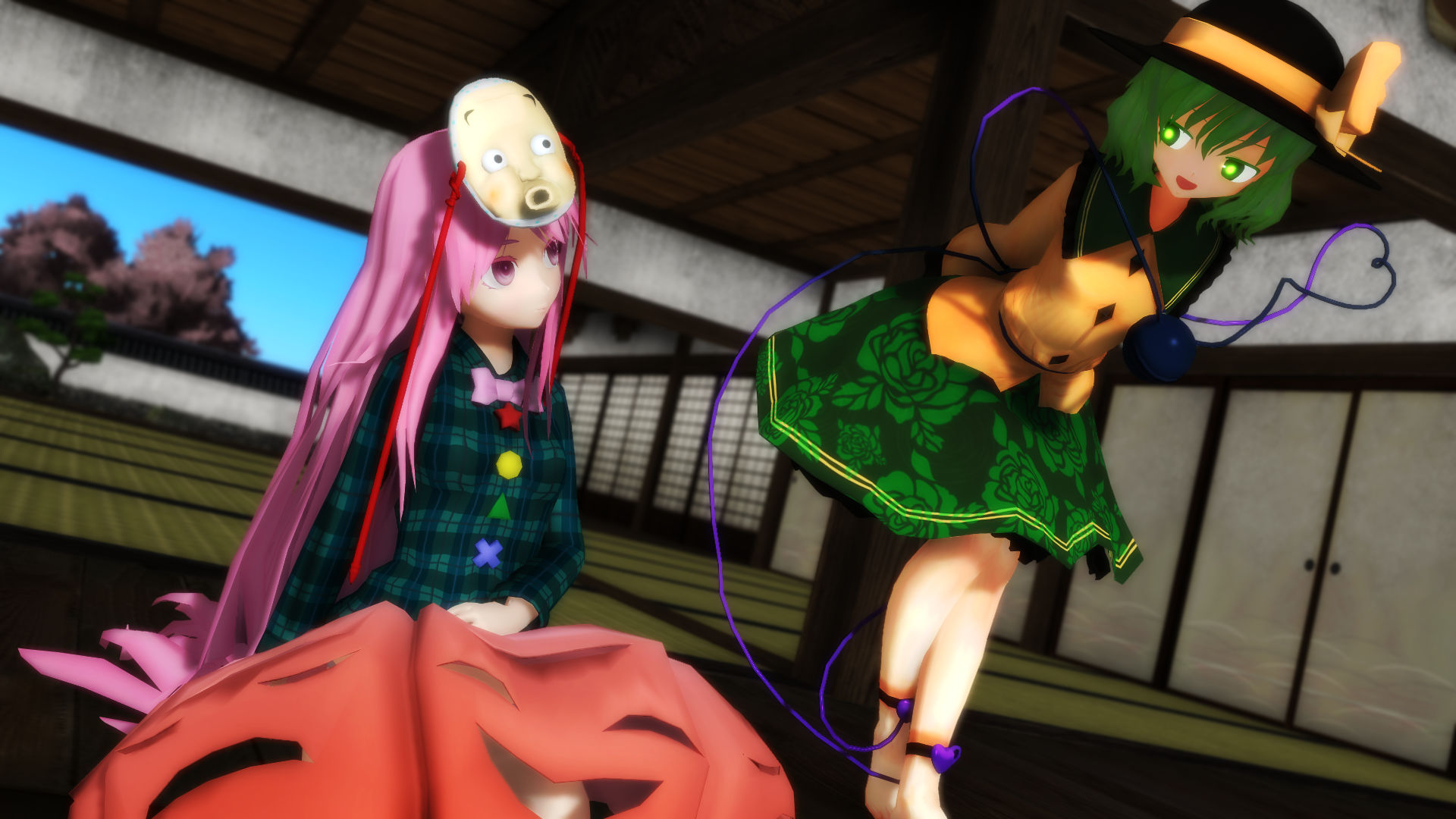 furui, hata no kokoro, komeiji koishi, touhou, highres, mikumikudance (medium), 2girls, 3d, architecture, barefoot, blouse, bow, bubble skirt, dutch angle, east asian architecture, expressionless, eyeball, floral print, green eyes, green hair, green skirt, hat, hat ribbon, heart, heart of string, long hair, long sleeves, looking at another, mask, mask on head, multiple girls, noh mask, open mouth, pink eyes, pink hair, plaid clothes, plaid shirt, ribbon, see-through clothes, shirt, short hair, sitting, skirt, sliding doors, smile, standing, string, third eye, tree, veranda, wide sleeves