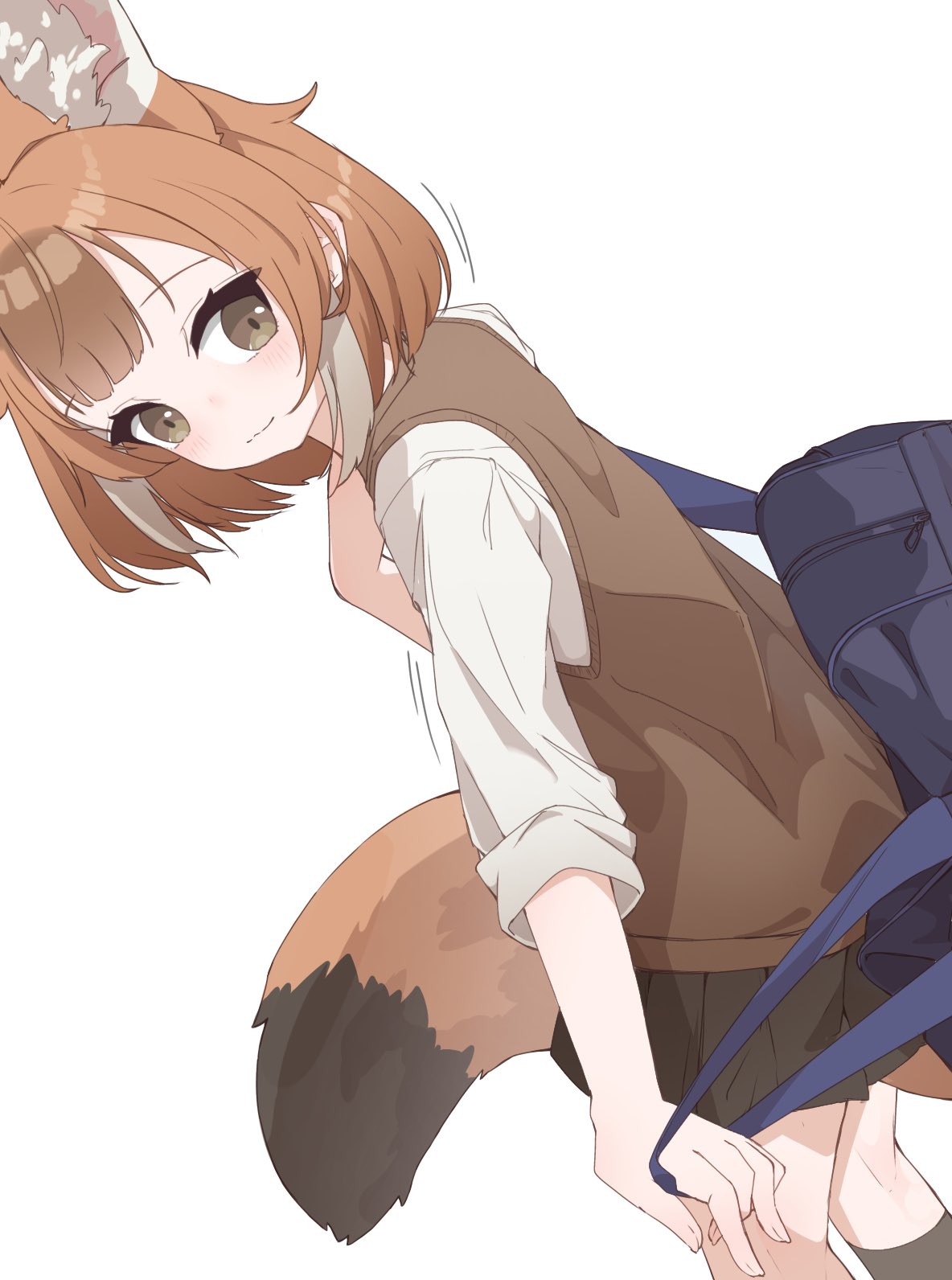 sarutori, dhole (kemono friends), kemono friends, highres, 1girl, adapted costume, animal ears, bag, blush, brown hair, brown skirt, brown socks, brown vest, dog ears, dog girl, dog tail, hair between eyes, looking at viewer, looking back, multicolored hair, pleated skirt, school bag, school uniform, shirt, short hair, sidelocks, skirt, sleeves rolled up, smile, socks, solo, tail, vest, white hair, white shirt