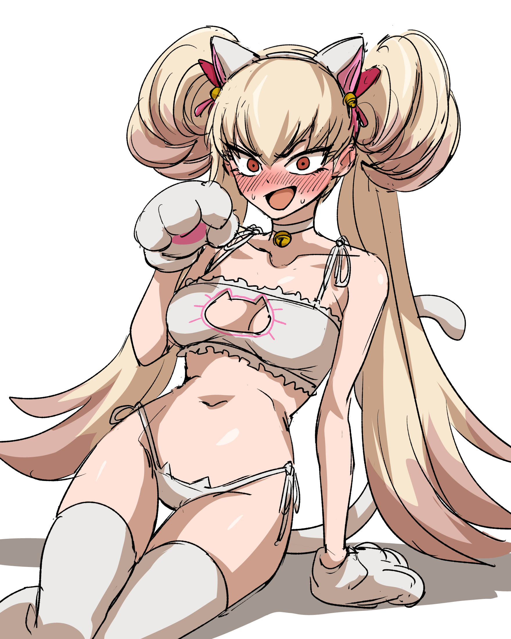 kimleon, centurion primera, yu-gi-oh!, 1girl, alternate costume, animal ears, arm support, blonde hair, blush, bra, cat ears, cat lingerie, cat tail, collarbone, dot nose, duel monster, embarrassed, fake animal ears, fake tail, feet out of frame, female focus, gloves, hand up, leaning to the side, long hair, looking at viewer, navel, nose blush, open mouth, panties, paw gloves, red eyes, sitting, solo, surprised, tail, thigh gap, thighhighs, twintails, underwear, white bra, white gloves, white panties, white thighhighs