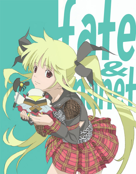 magana, bardiche (axe form) (nanoha), bardiche (nanoha), fate testarossa, lyrical nanoha, mahou shoujo lyrical nanoha, md5 mismatch, 00s, 1girl, bent over, black ribbon, blonde hair, female focus, hair ribbon, long hair, long sleeves, looking at viewer, plaid clothes, plaid skirt, pleated skirt, red skirt, ribbon, skirt, solo, twintails, very long hair