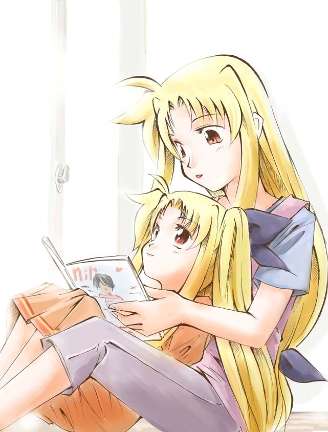 jason (kaiten kussaku kikou), alicia testarossa, fate testarossa, lyrical nanoha, mahou shoujo lyrical nanoha, resized, 00s, 2girls, multiple girls, reading, siblings, sisters, time paradox
