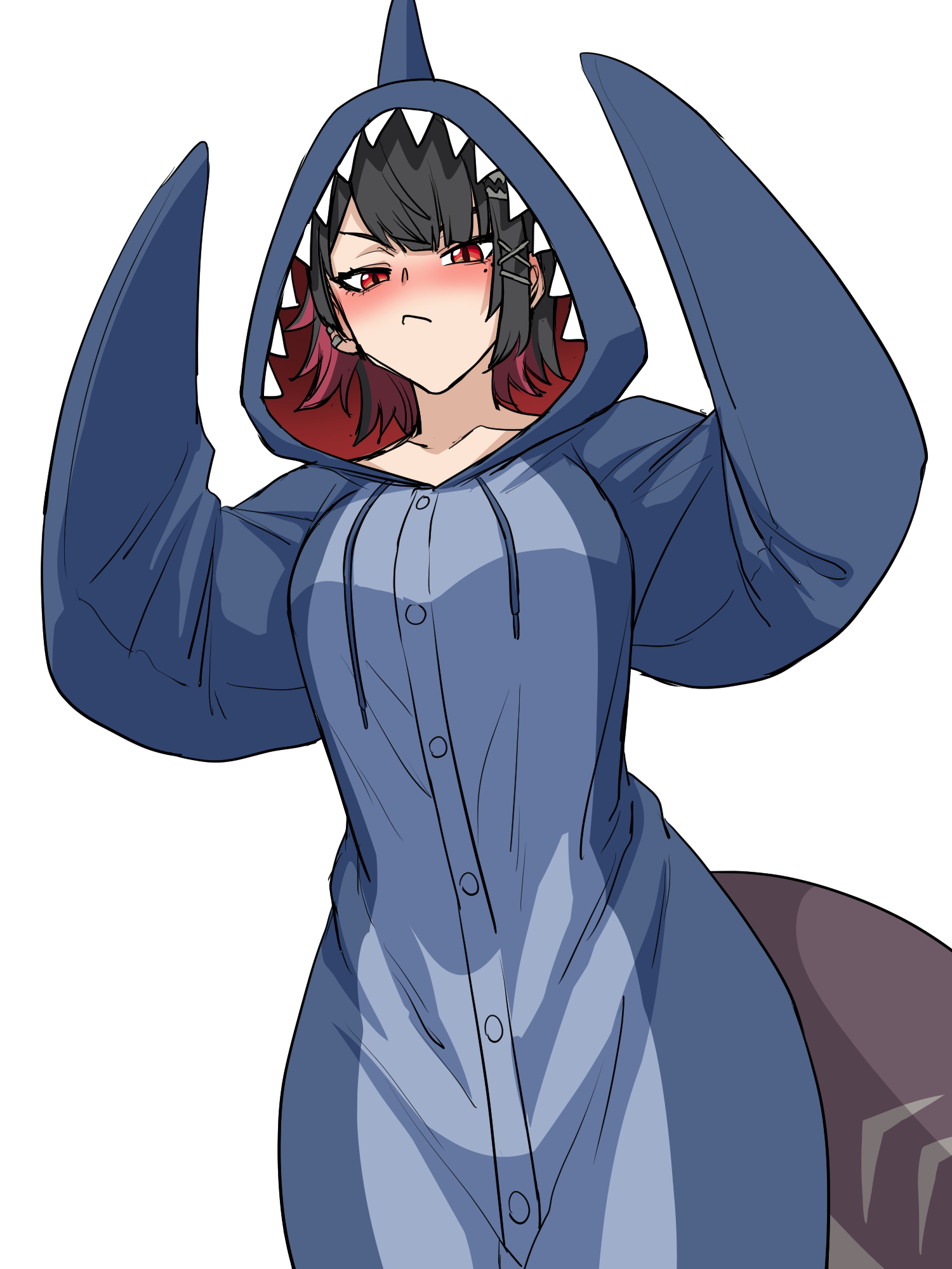 kimleon, ellen joe, mihoyo, zenless zone zero, 1girl, animal hood, annoyed, black hair, blue onesie, blush, breasts, closed mouth, collarbone, colored inner hair, cowboy shot, embarrassed, eyelashes, female focus, fish tail, hands up, hood, hooded pajamas, looking at viewer, medium breasts, medium hair, mole, mole under eye, multicolored hair, onesie, pajamas, red eyes, red hair, shark girl, shark hood, shark tail, simple background, solo, standing, tail, two-tone hair, white background
